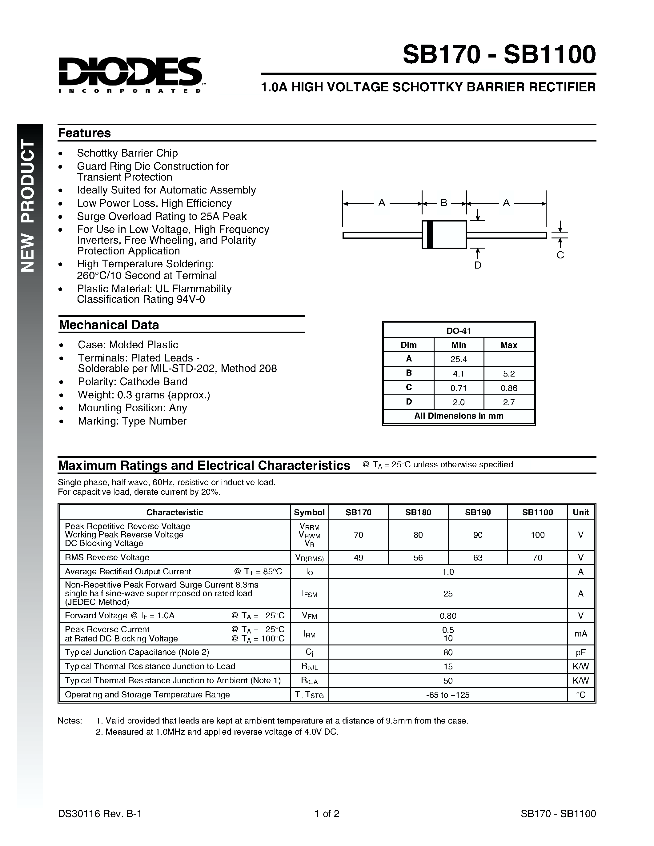 Datasheet SB1100 page 1 Datasheet SB1100 - 1.0A HIGH VOLTAGE SCHOTTKY BARRIER RECTIFIER page 1