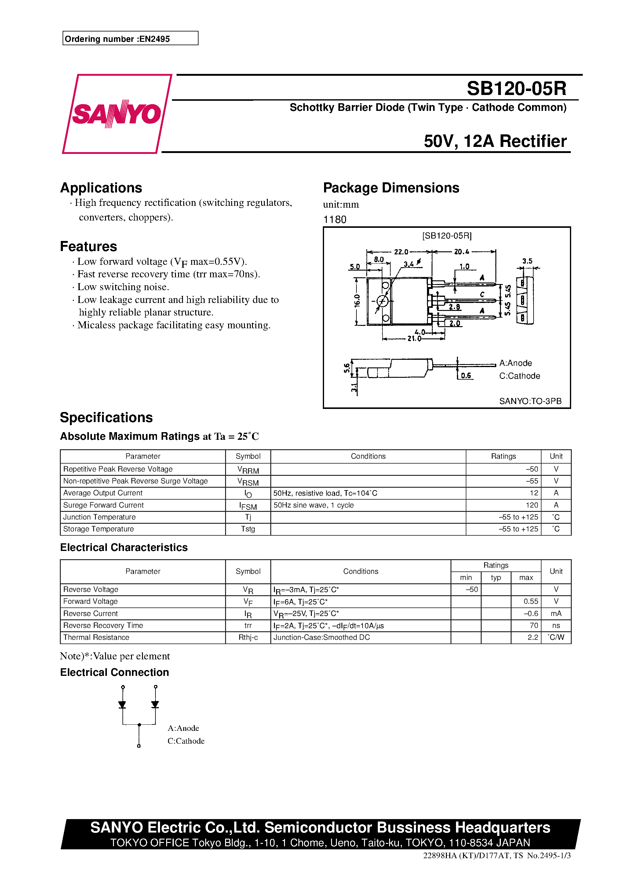 Datasheet SB120-05R - 50V/ 12A Rectifier page 1