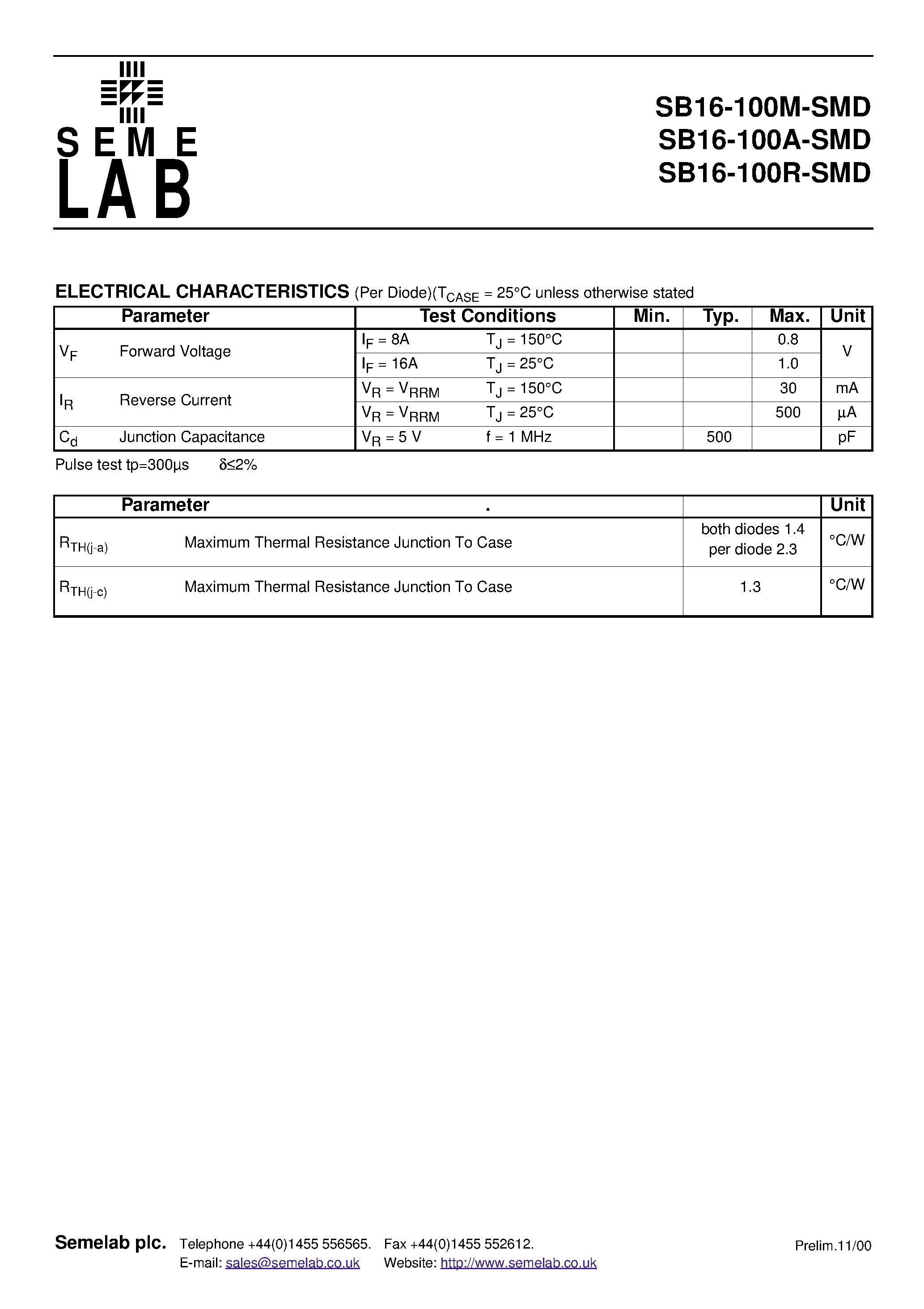 Datasheet SB16-100A-SMD - DUAL SCHOTTKY BARRIER DIODE IN A SMD1 CERAMIC SURFACE MOUNT PACKAGE FOR HIREL APPLICATIONS page 2