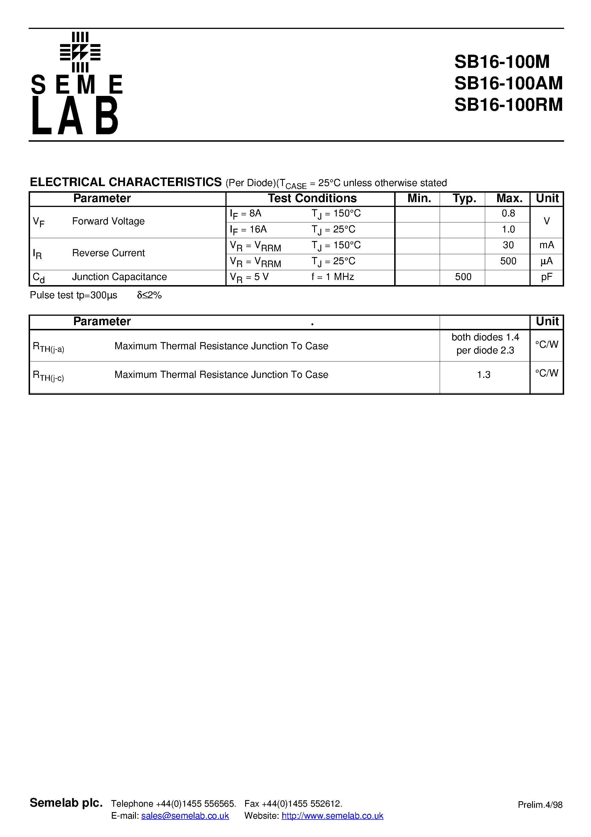 Datasheet SB16-100AM page 2 Datasheet SB16-100AM - DUAL SCHOTTKY BARRIER DIODE IN TO220 METAL PACKAGE FOR HI-REL APPLICATIONS page 2