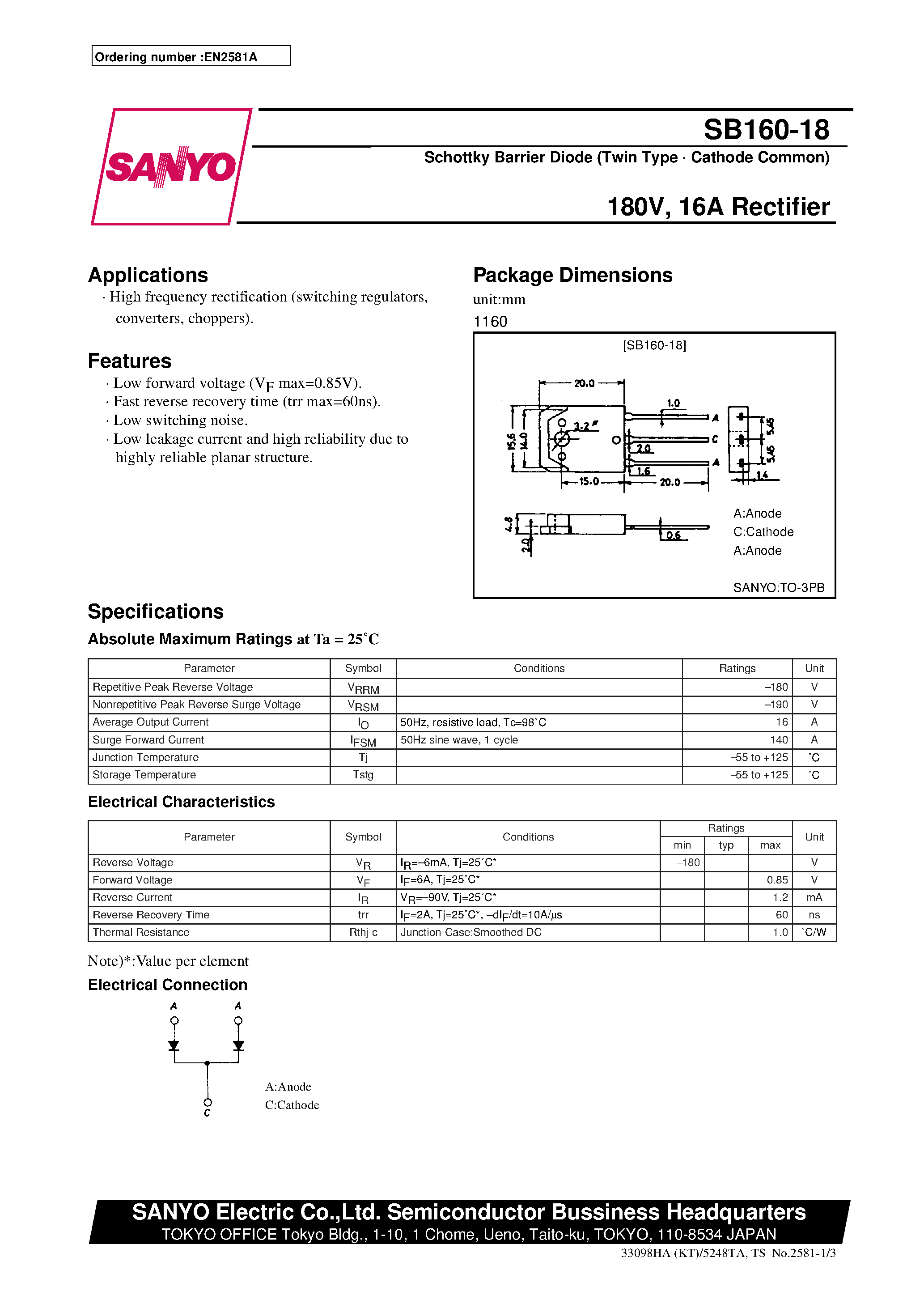 Datasheet SB160-18 - 180V/ 16A Rectifier page 1