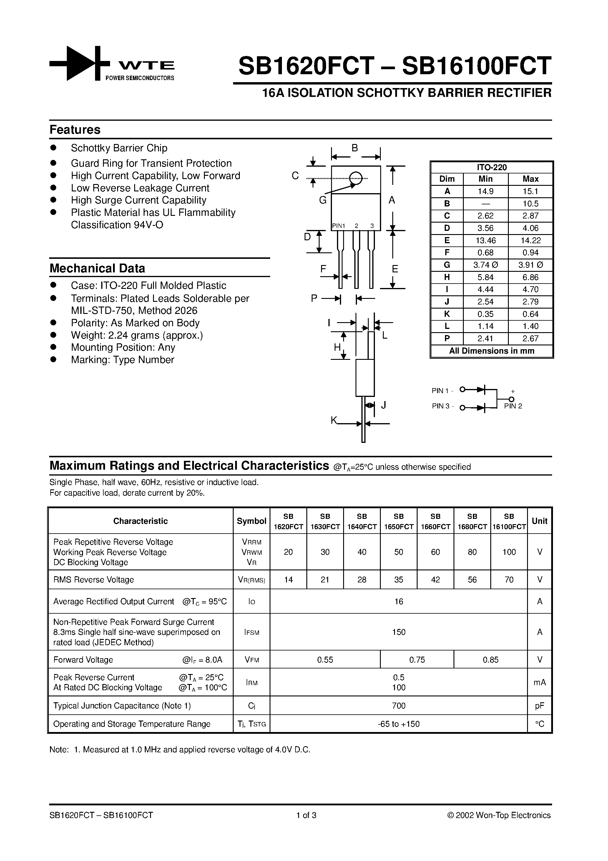 Datasheet SB1640FCT - 16A ISOLATION SCHOTTKY BARRIER RECTIFIER page 1