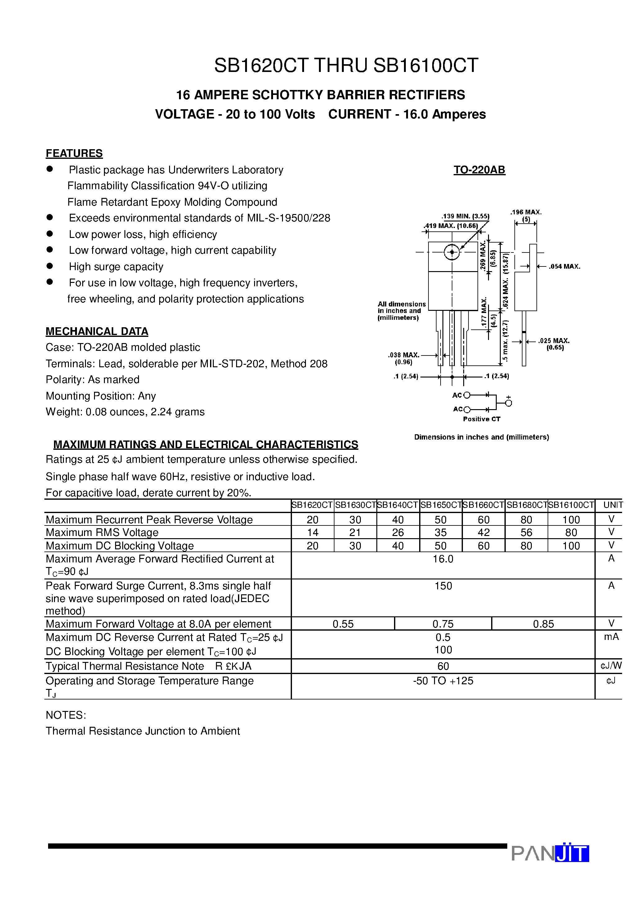 Datasheet SB1650CT - 16 AMPERE SCHOTTKY BARRIER RECTIFIERS(VOLTAGE - 20 to 100 Volts CURRENT - 16.0 Amperes) page 1