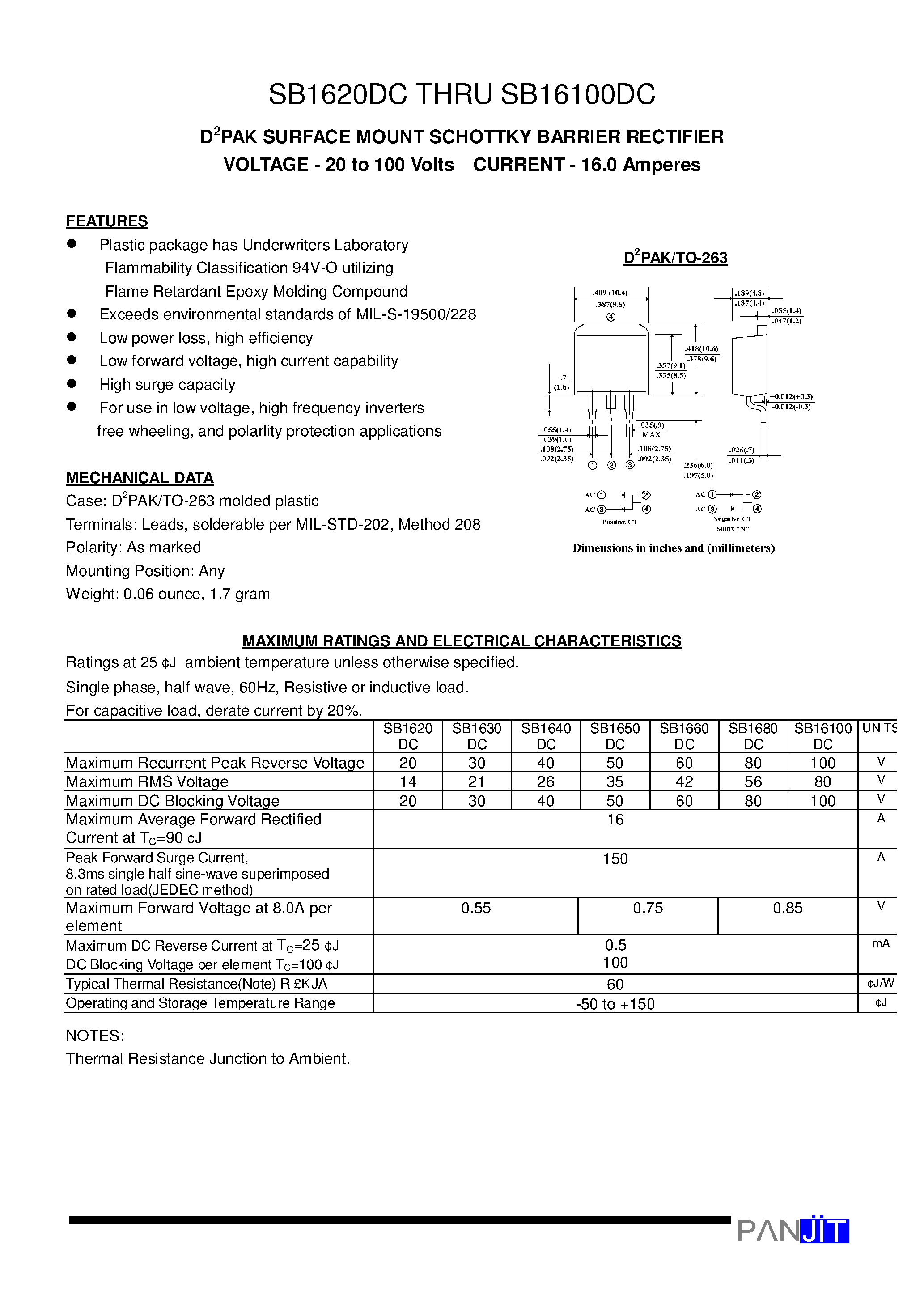 Datasheet SB1650DC page 1 Datasheet SB1650DC - D2PAK SURFACE MOUNT SCHOTTKY BARRIER RECTIFIER(VOLTAGE - 20 to 100 Volts CURRENT - 16.0 Amperes) page 1