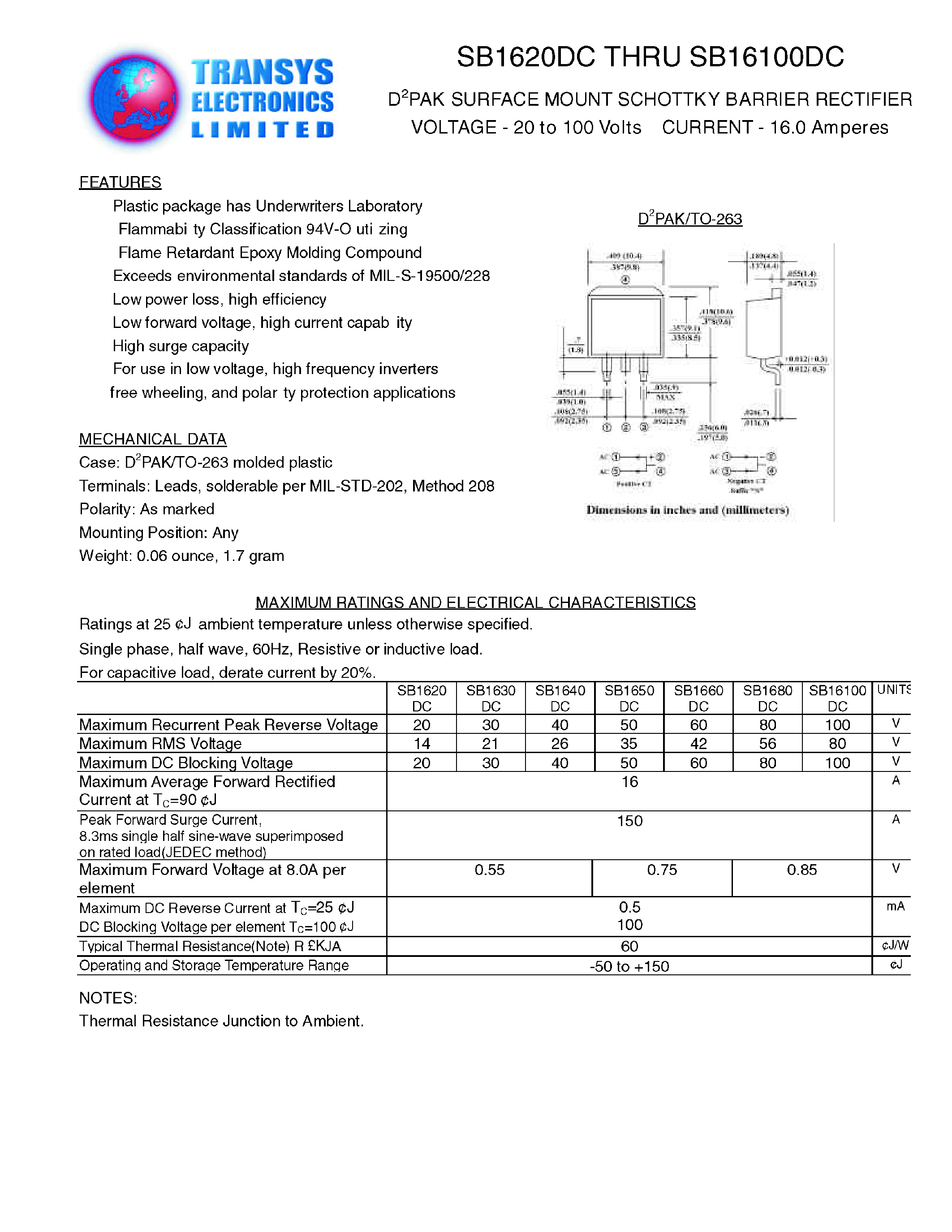Даташит на микросхему SB1650DC страница 1 Даташит SB1650DC - D2PAK SURFACE MOUNT SCHOTTKY BARRIER RECTIFIER страница 1
