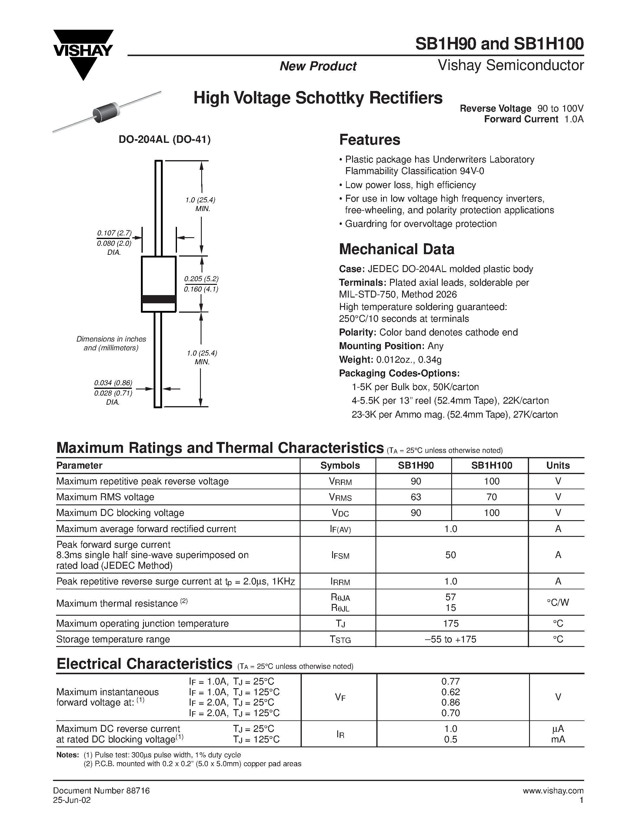 Даташит SB1H90 - High Voltage Schottky Rectifiers страница 1