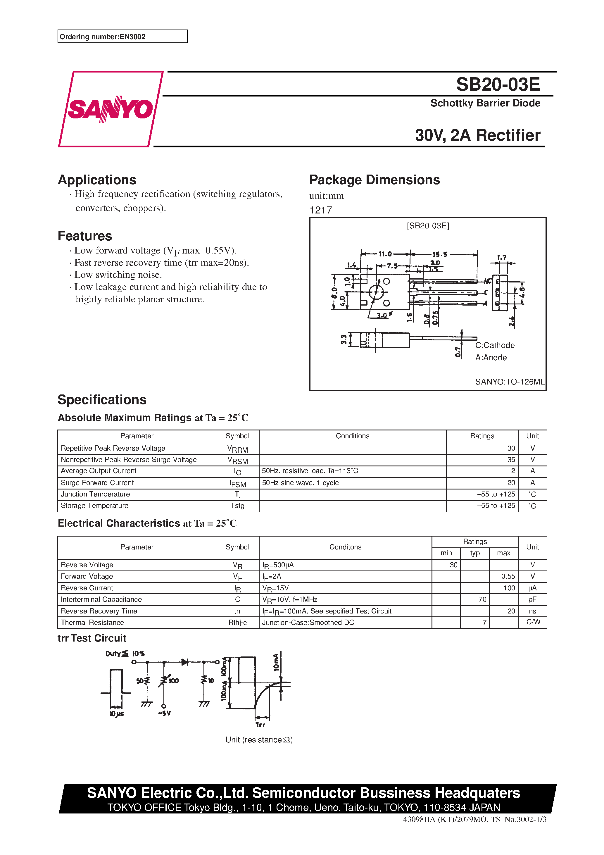 Datasheet SB20-03E page 1 Datasheet SB20-03E - 30V/ 2A Rectifier page 1