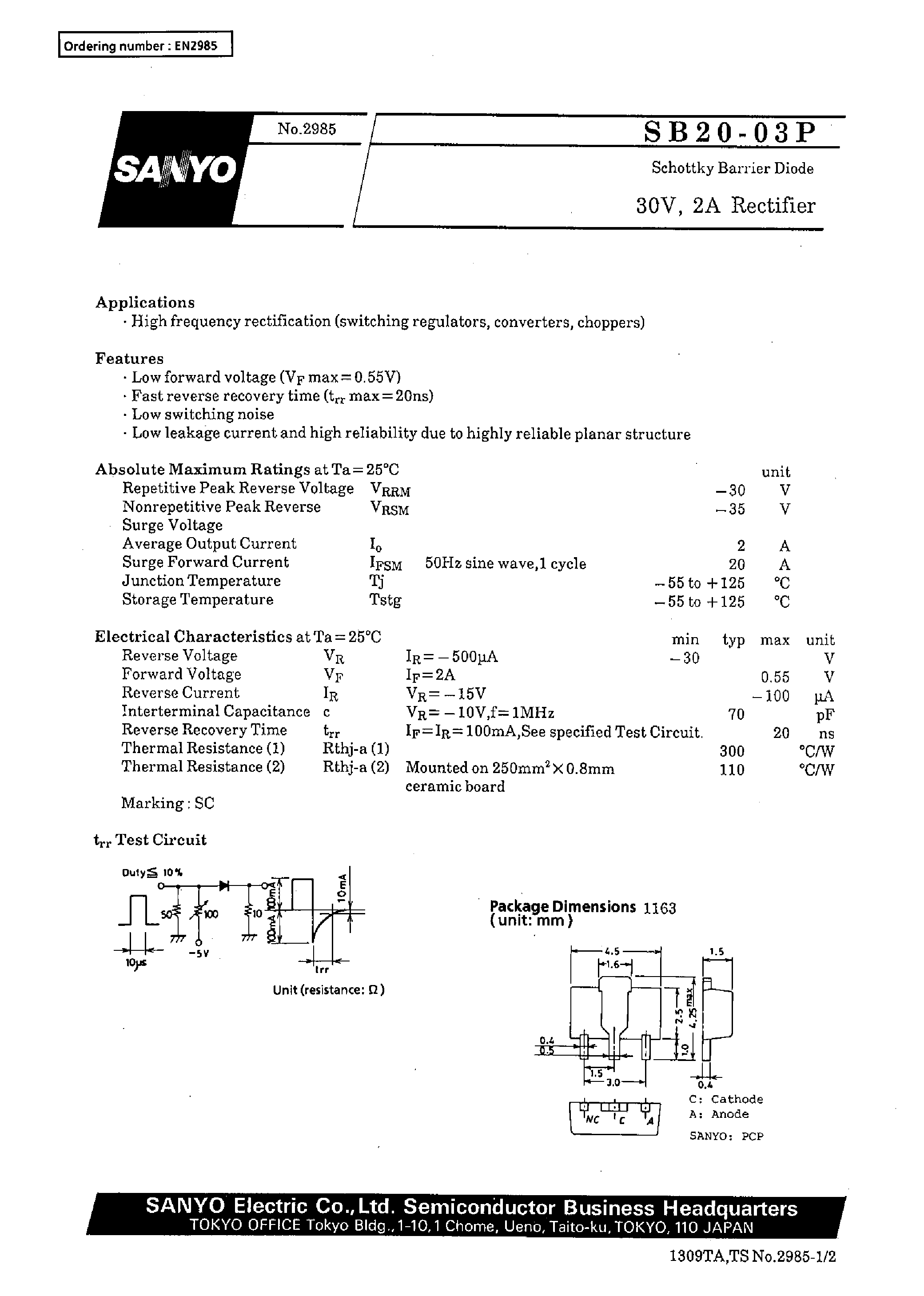 Datasheet SB20-03P - 30V/ 2A Rectifier page 1