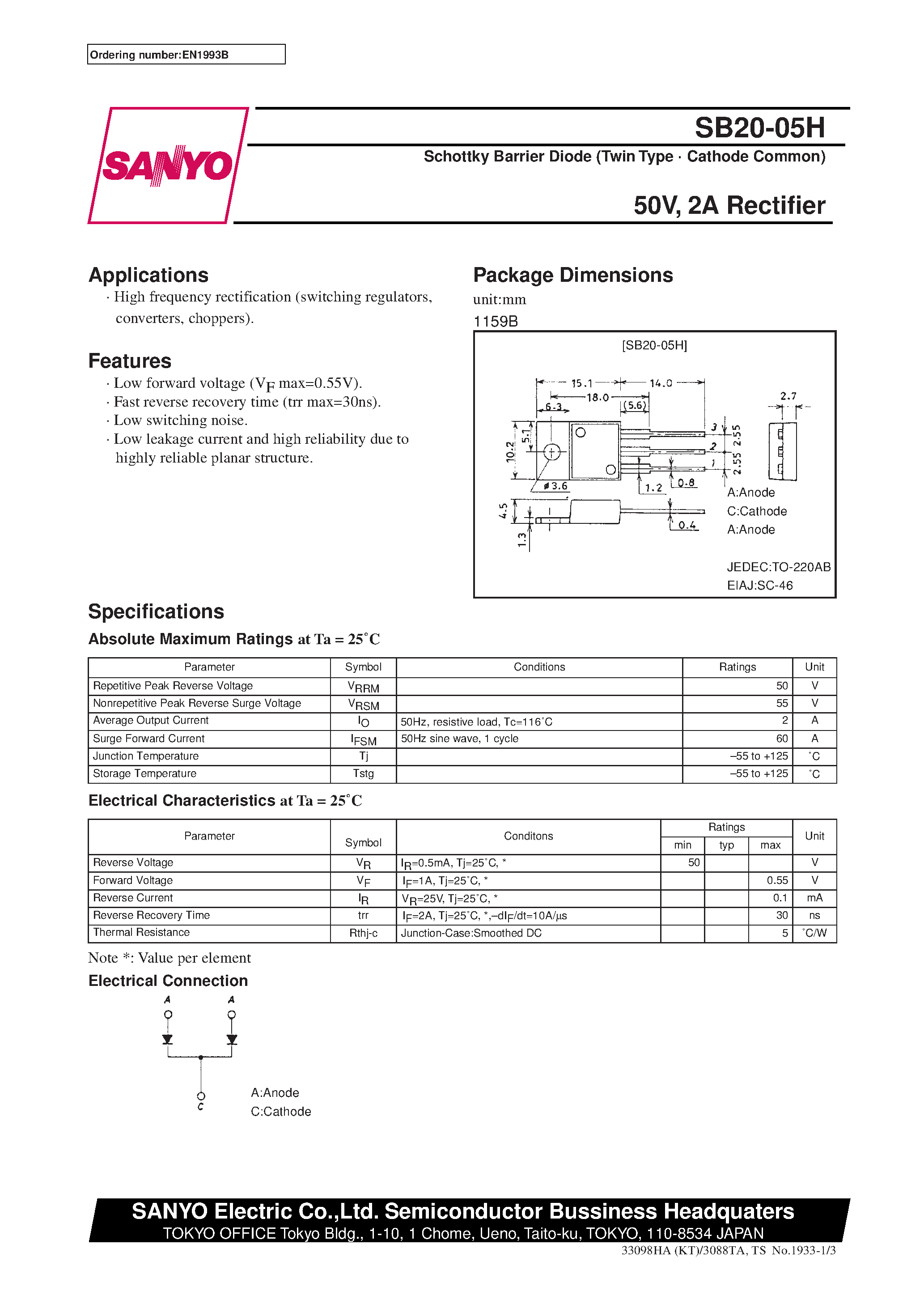 Datasheet SB20-05H - 50V/ 2A Rectifier page 1
