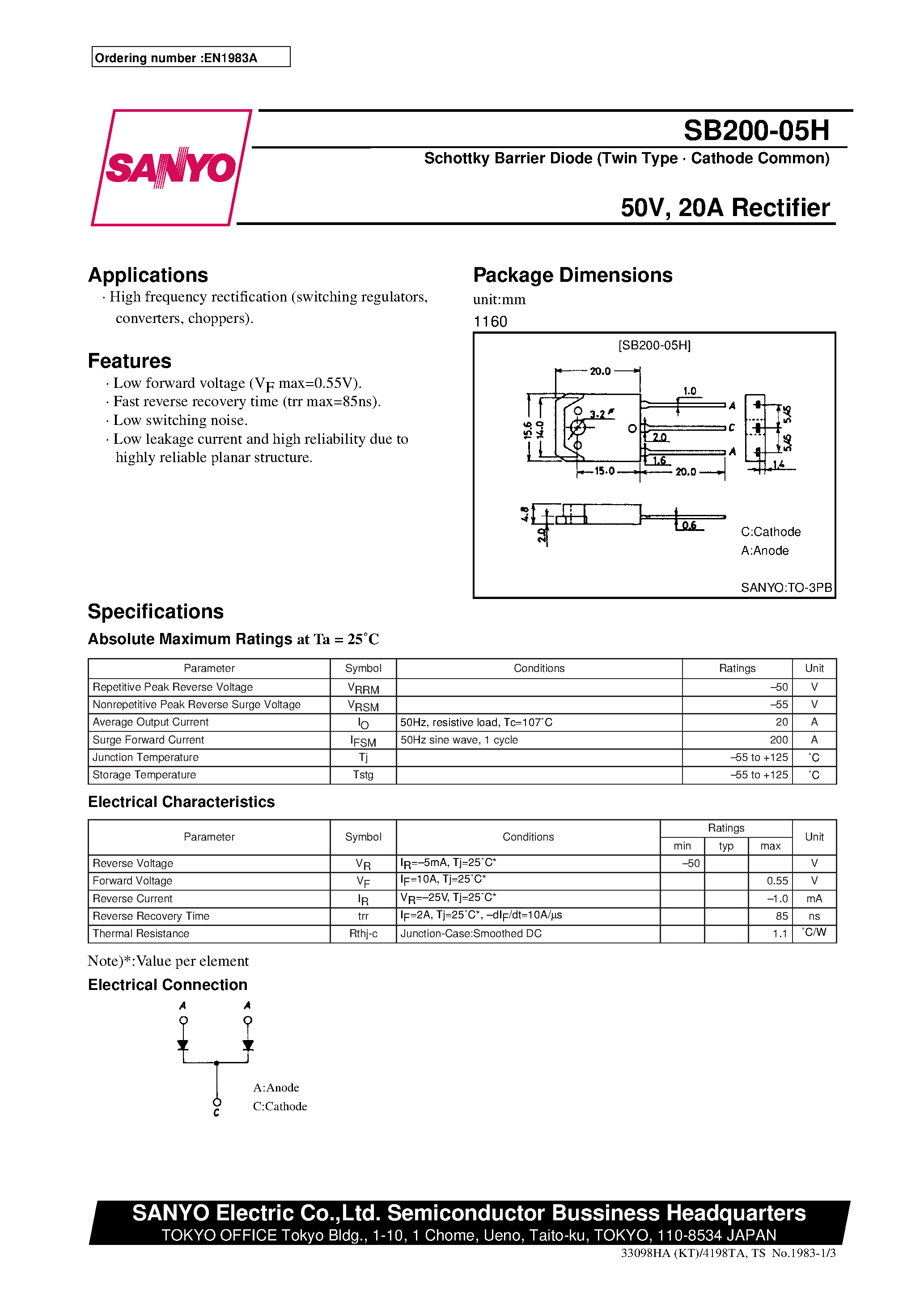Datasheet SB200-05H page 1 Datasheet SB200-05H - 50V/ 20A Rectifier page 1
