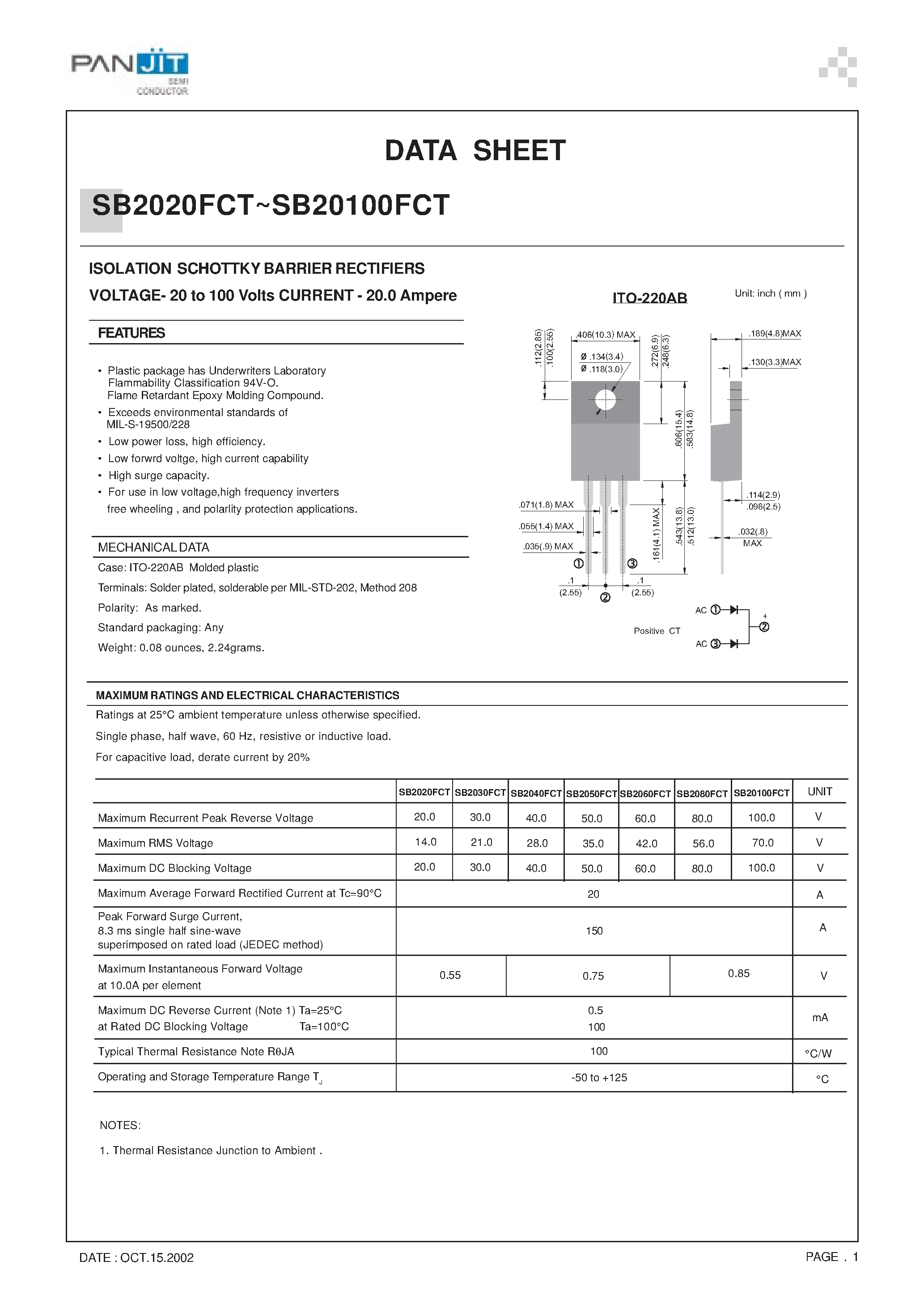 Datasheet SB20100FCT page 1 Datasheet SB20100FCT - ISOLATION SCHOTTKY BARRIER RECTIFIERS(VOLTAGE- 20 to 100 Volts CURRENT - 20.0 Ampere) page 1