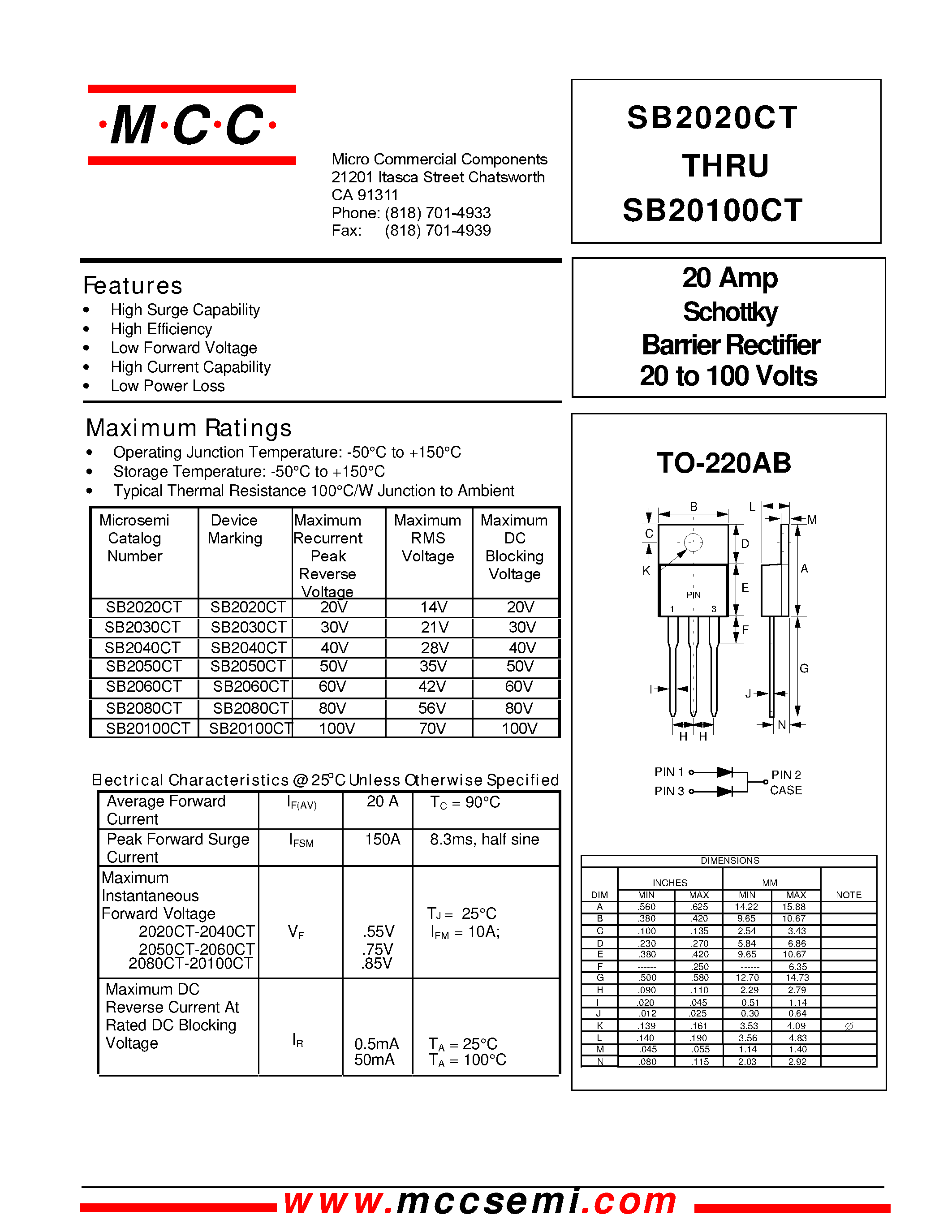 Datasheet SB2060CT - 20 Amp Schottky Barrier Rectifier 20 to 100 Volts page 1