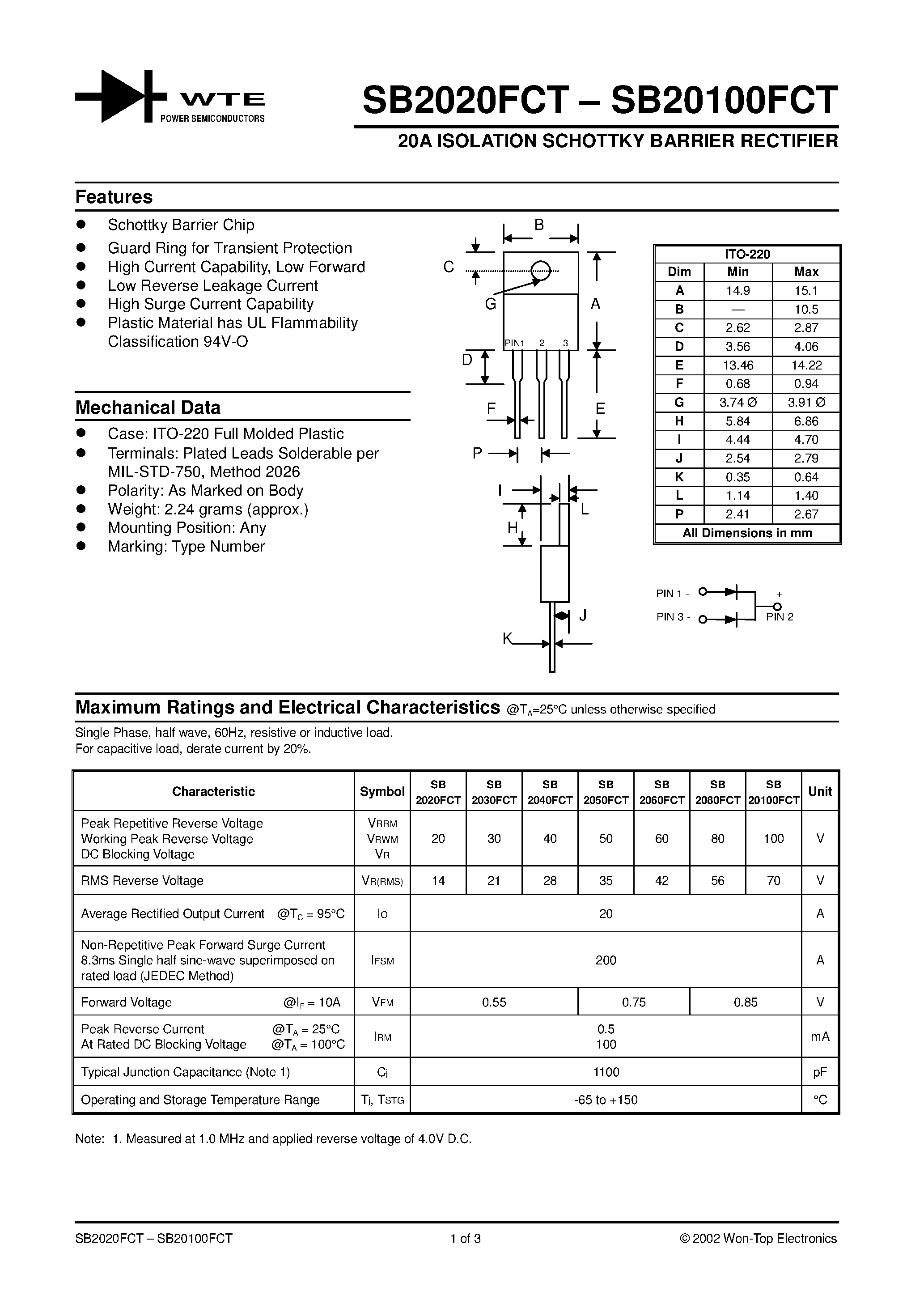 Datasheet SB2060FCT page 1 Datasheet SB2060FCT - 20A ISOLATION SCHOTTKY BARRIER RECTIFIER page 1