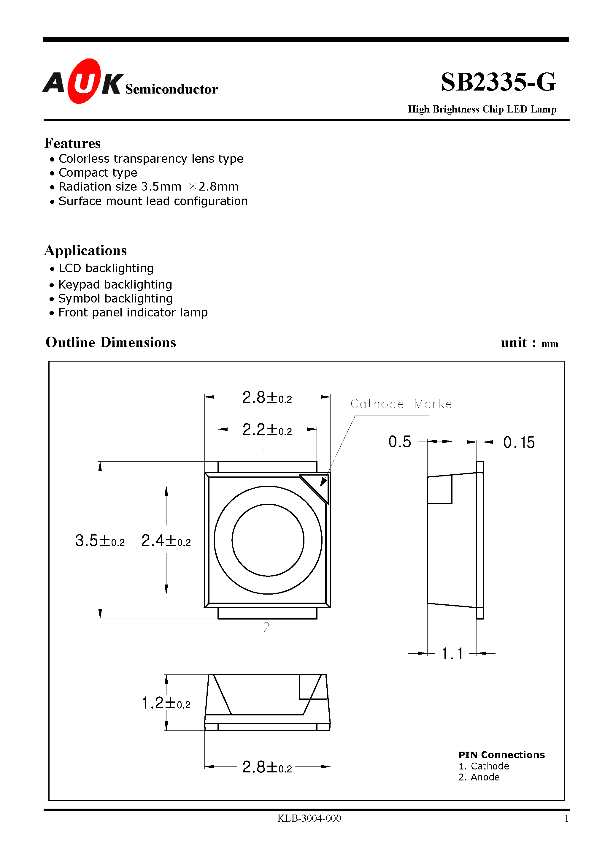 Даташит SB2335-G - High Brightness Chip LED Lamp страница 1