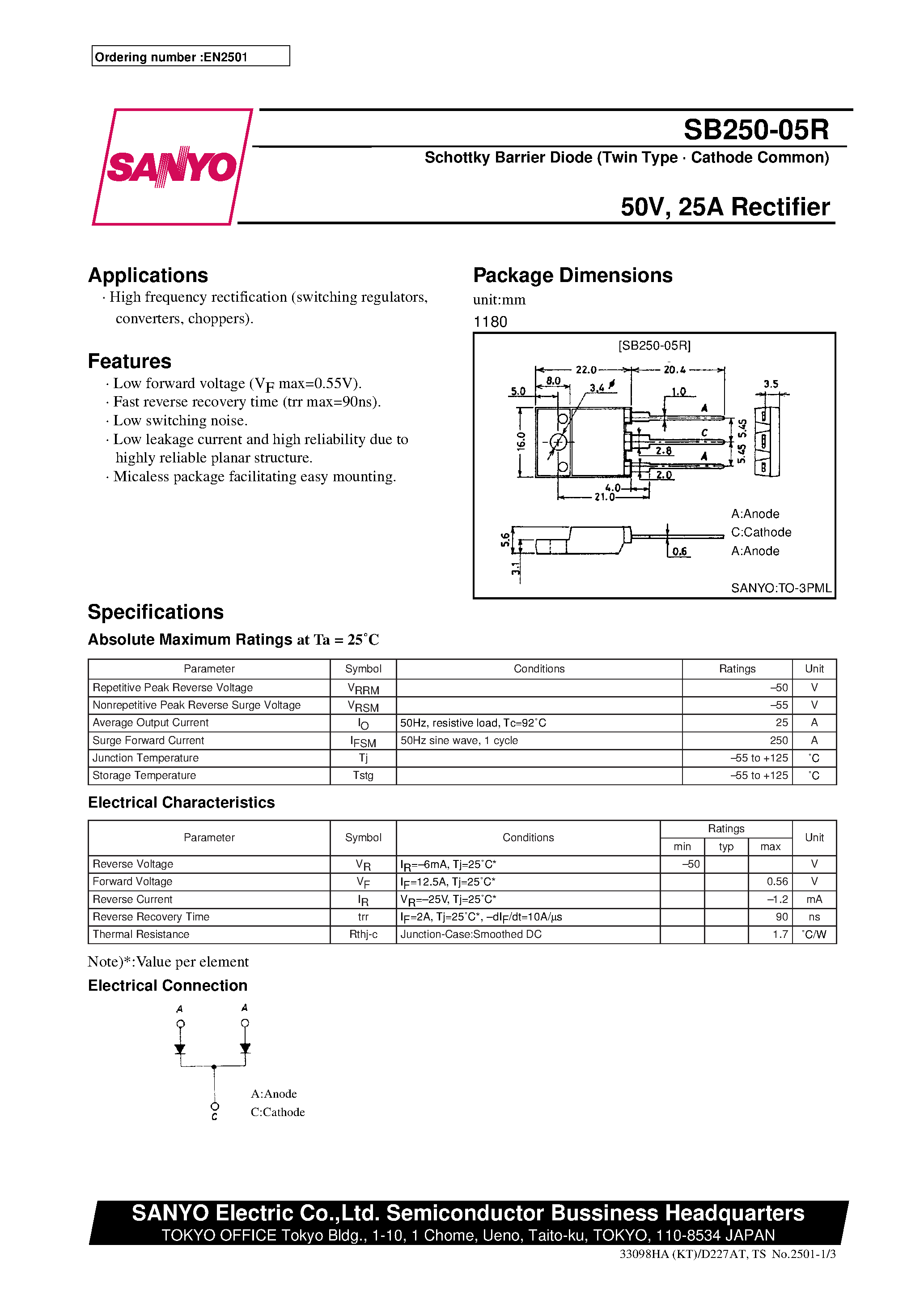 Datasheet SB250-05R - 50V/ 25A Rectifier page 1