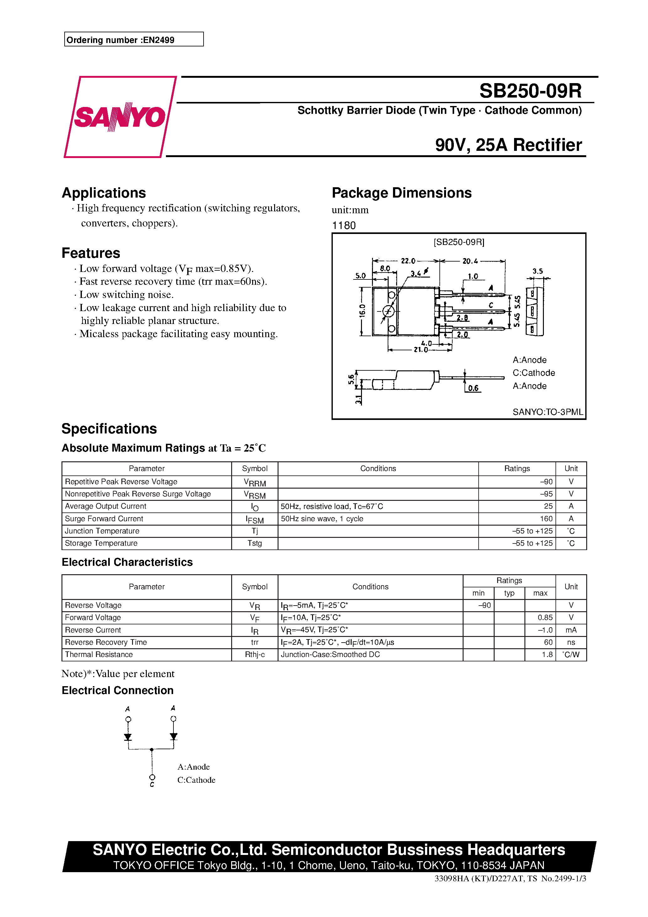 Datasheet SB250-09R page 1 Datasheet SB250-09R - 90V/ 25A Rectifier page 1