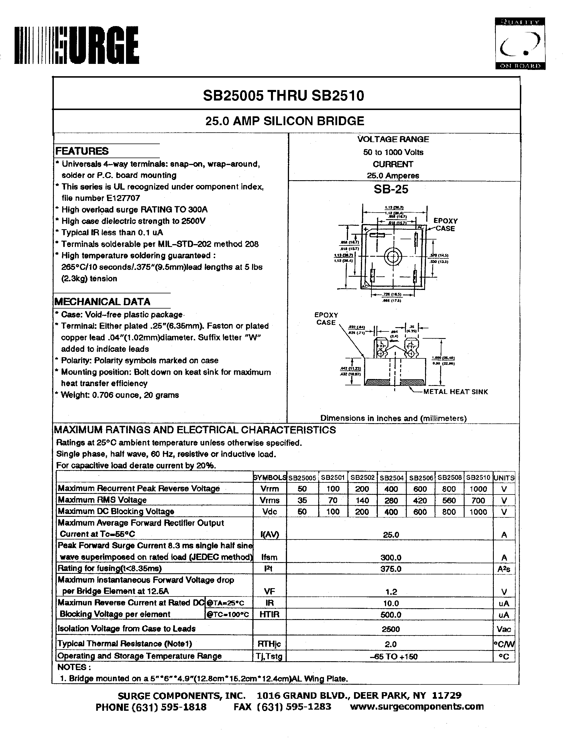 Datasheet SB2501 - 25.0 AMP SILICON BRIDGE page 1