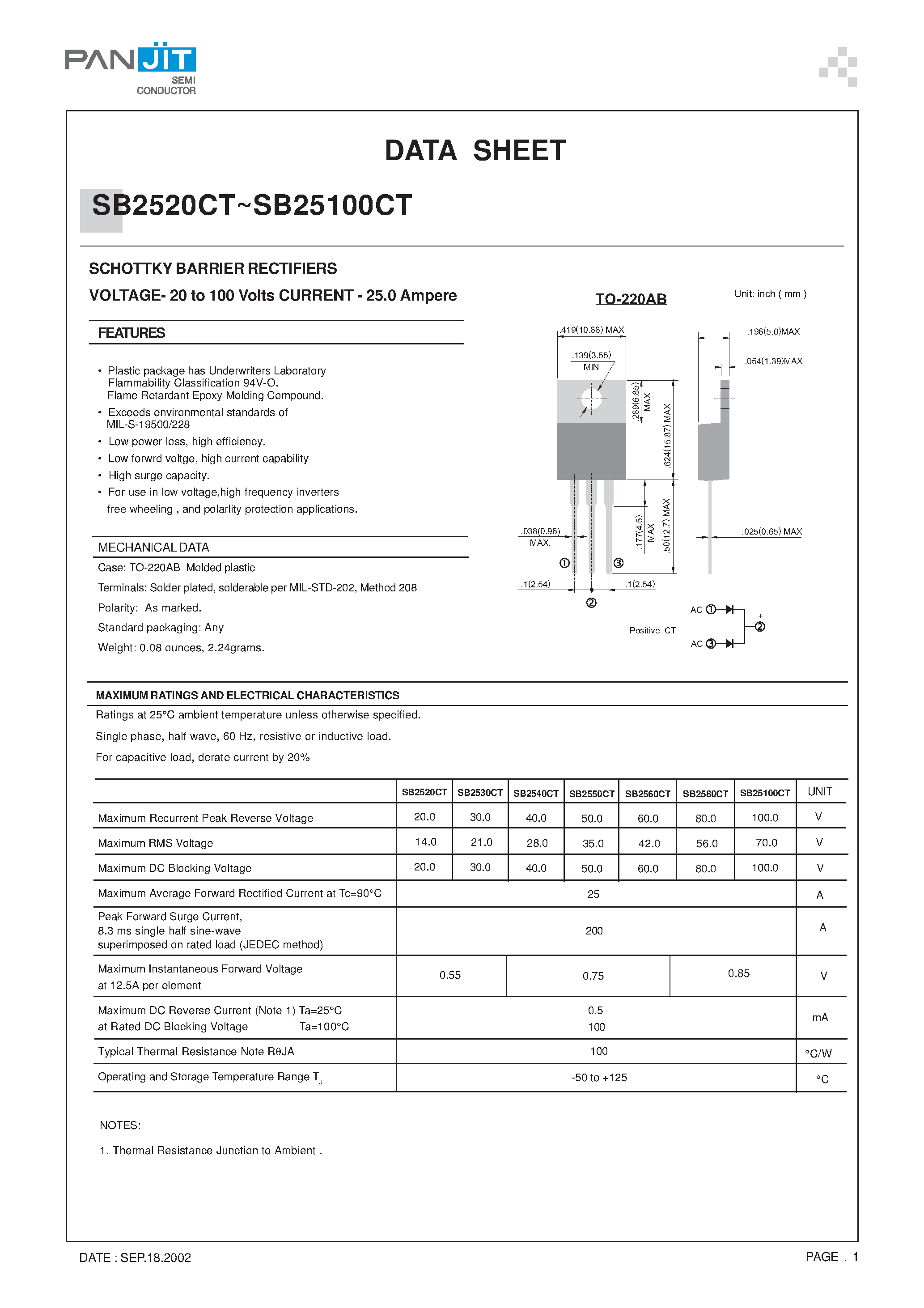 Datasheet SB2550CT page 1 Datasheet SB2550CT - SCHOTTKY BARRIER RECTIFIERS(VOLTAGE- 20 to 100 Volts CURRENT - 25.0 Ampere) page 1