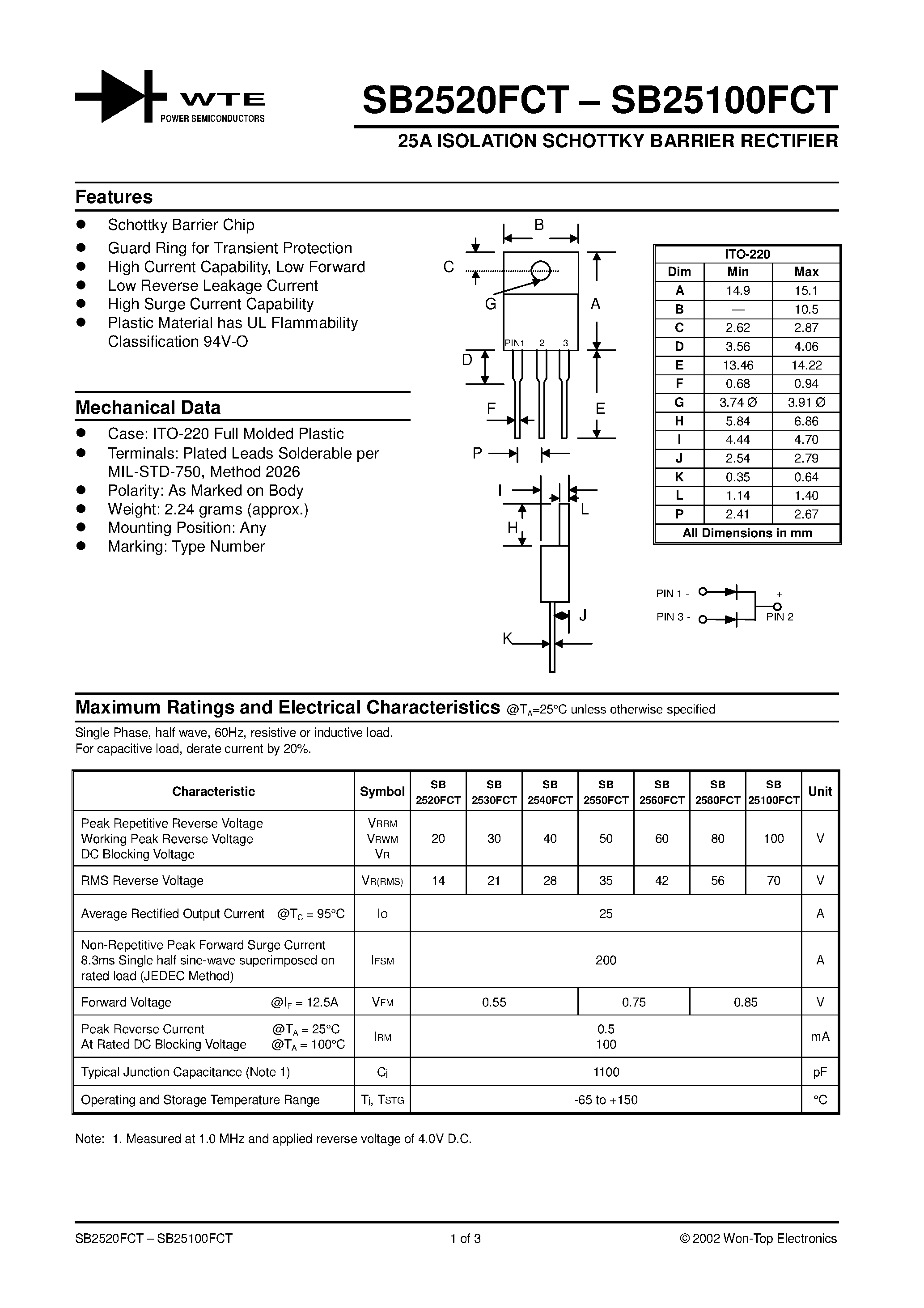 Datasheet SB2580FCT page 1 Datasheet SB2580FCT - 25A ISOLATION SCHOTTKY BARRIER RECTIFIER page 1