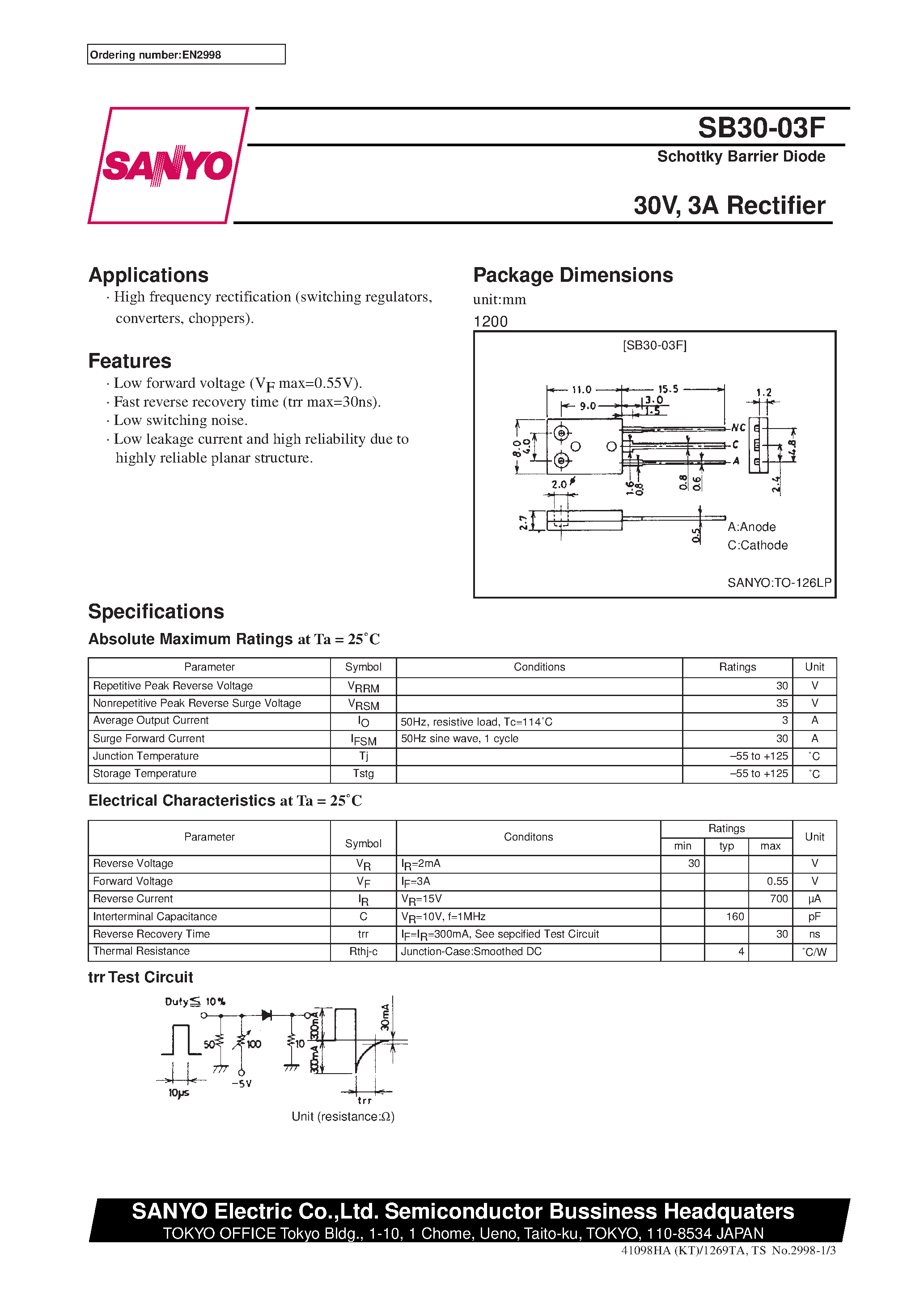 Datasheet SB30-03F page 1 Datasheet SB30-03F - 30V/ 3A Rectifier page 1