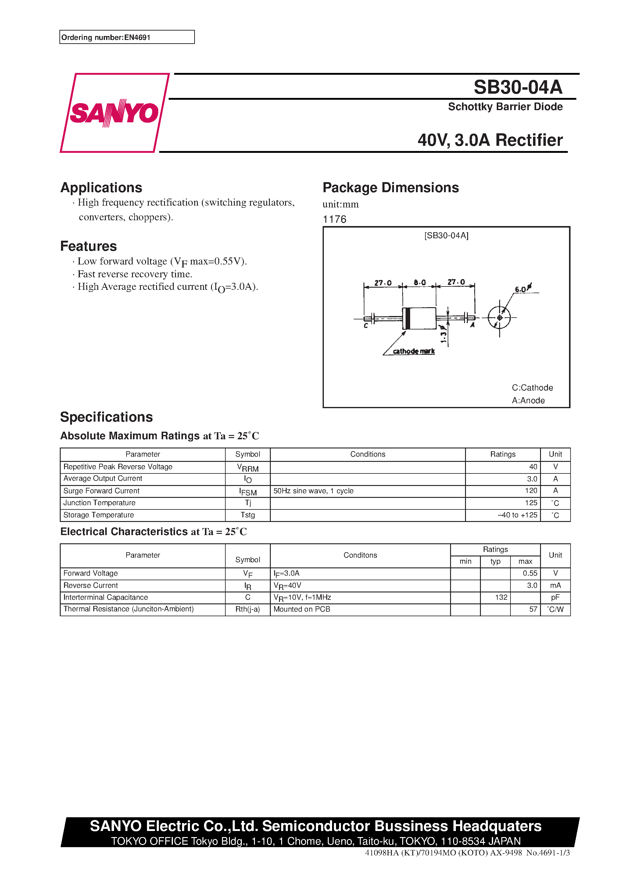 Datasheet SB30-04A - 40V/ 3.0A Rectifier page 1