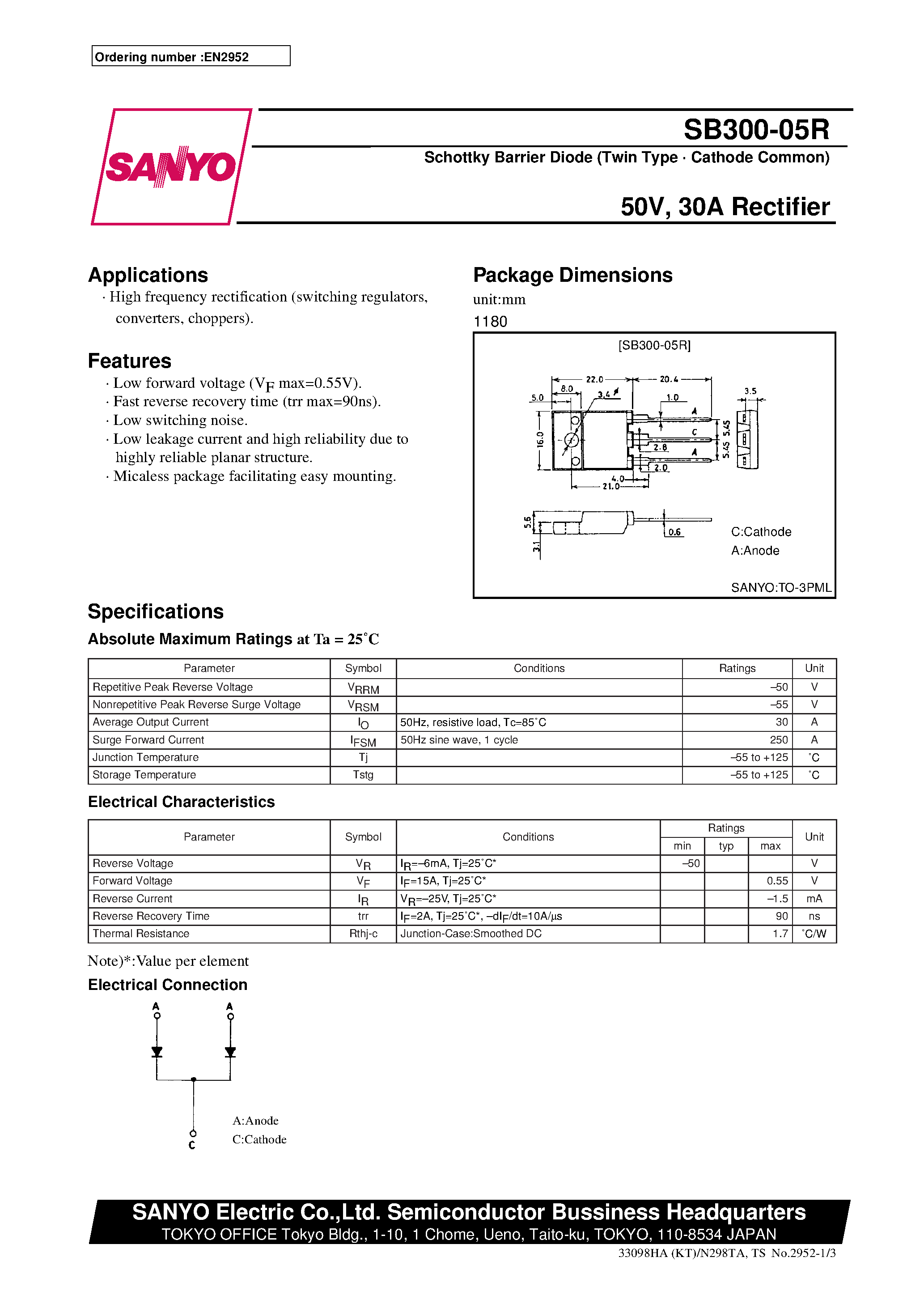 Datasheet SB300-05R page 1 Datasheet SB300-05R - 50V/ 30A Rectifier page 1