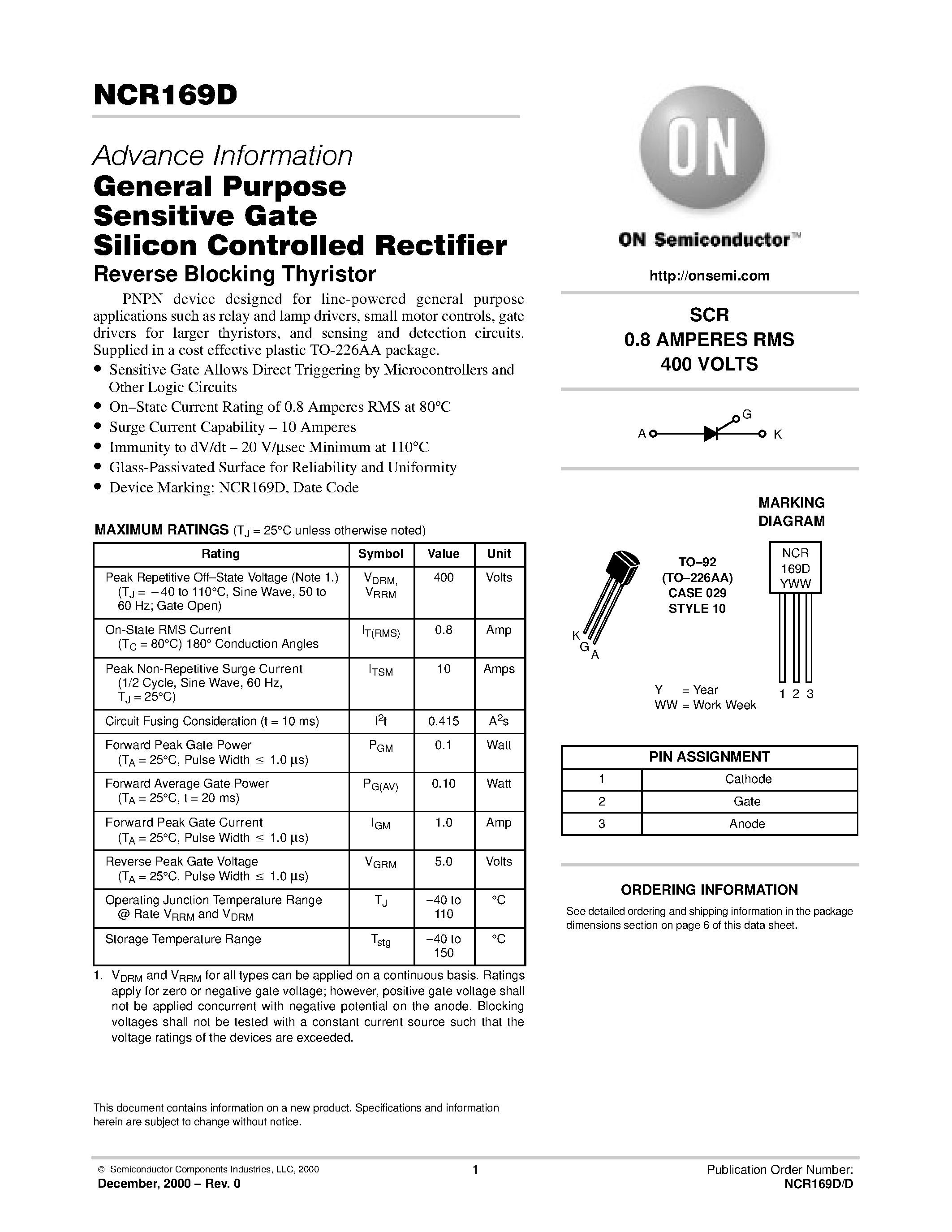 Даташит NCR169D - General Purpose Sensitive Gate Silicon Controlled Rectifier страница 1