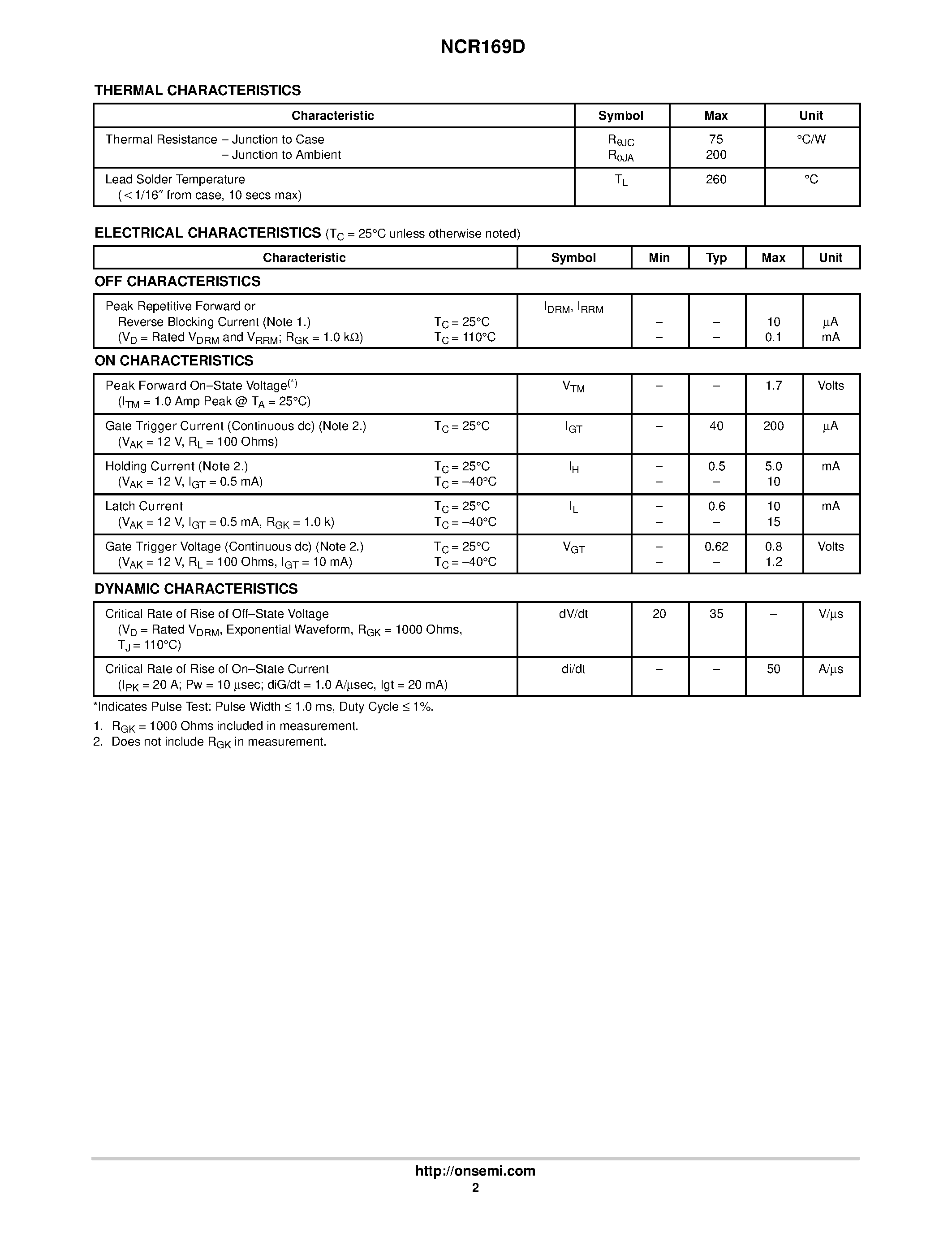 Даташит NCR169D - General Purpose Sensitive Gate Silicon Controlled Rectifier страница 2
