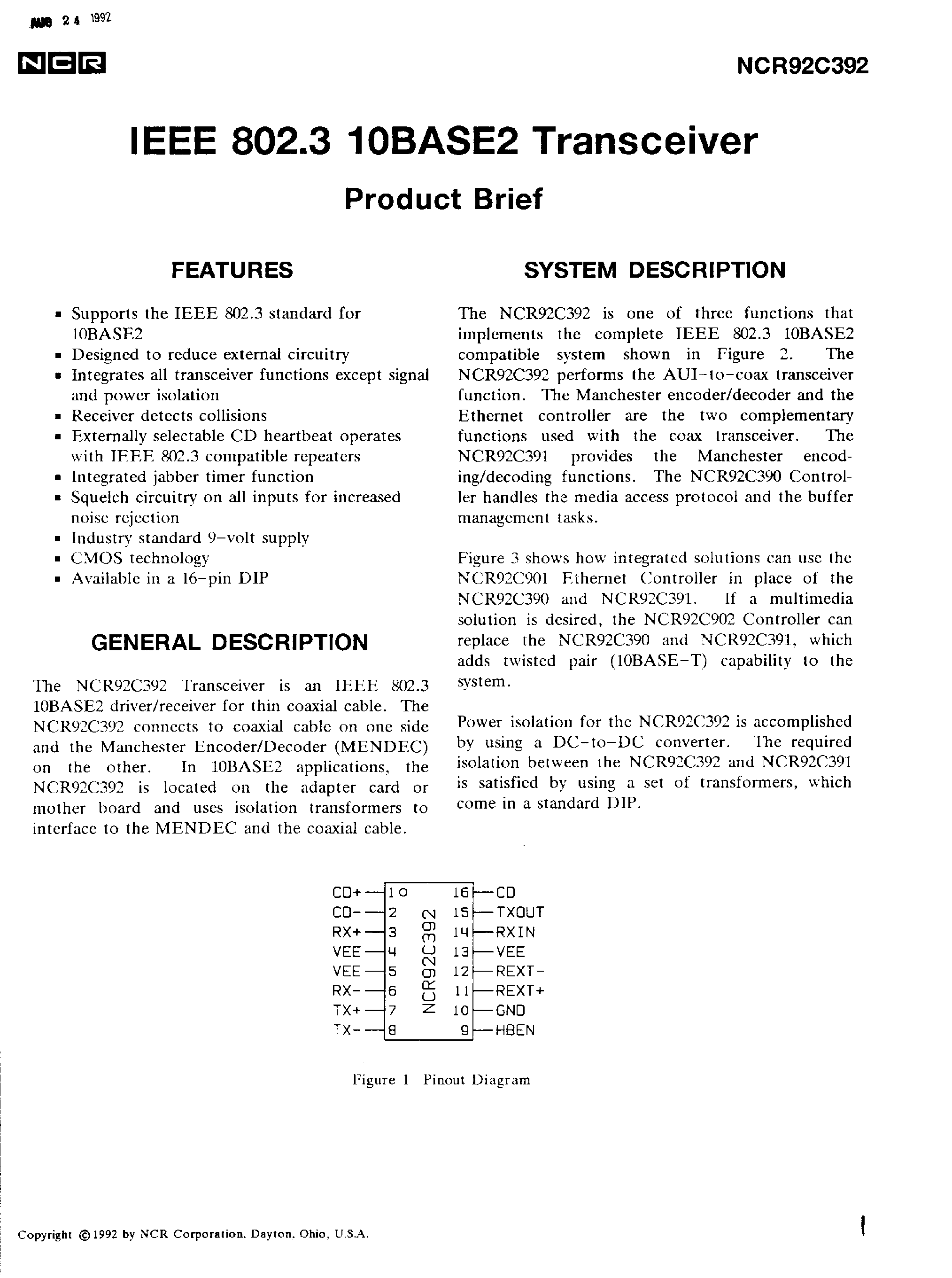 Datasheet NCR92C392 - IEEE 802.3 10Base2 Transceiver page 1
