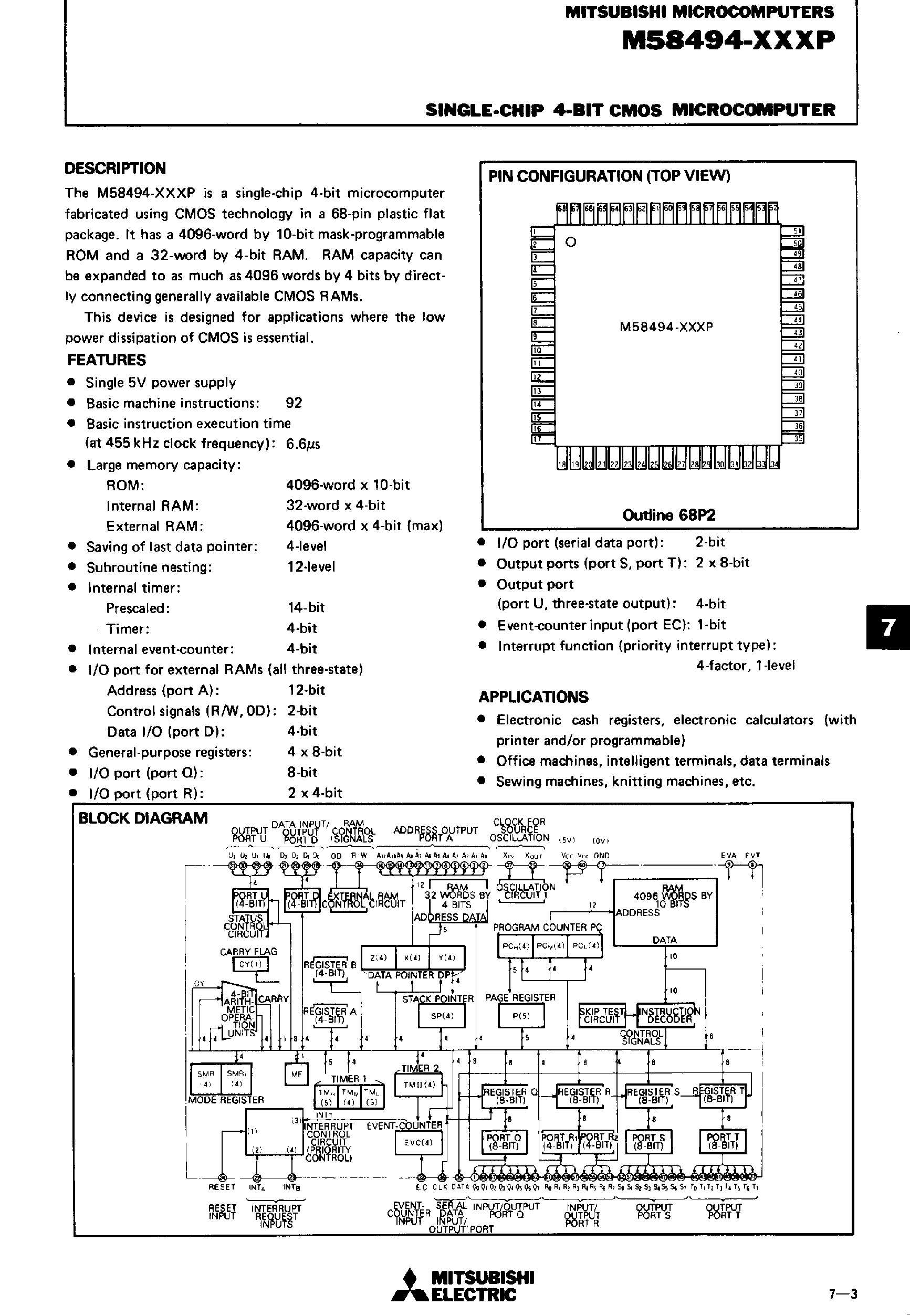 Datasheet M58494 - Single-Chip 4-Bit CMOS Microcomputer page 1