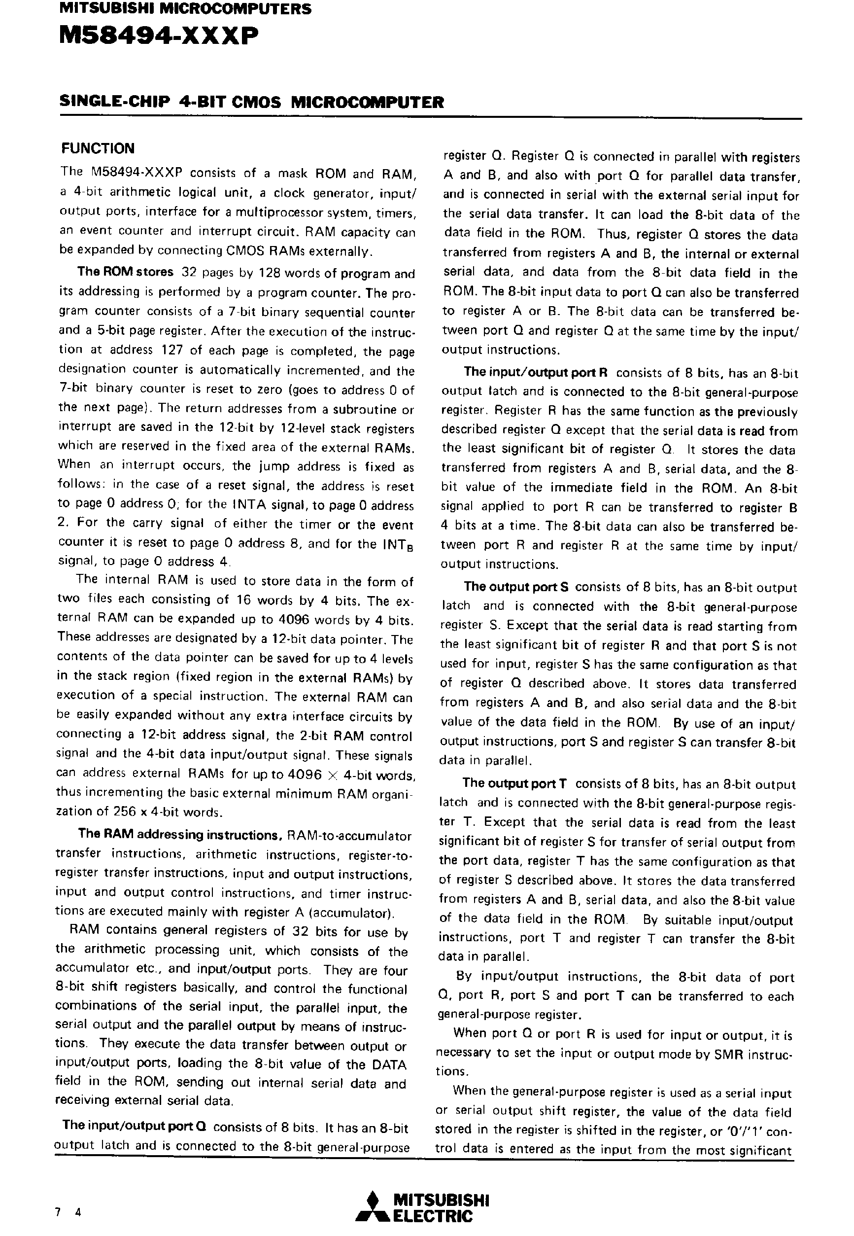 Datasheet M58494 - Single-Chip 4-Bit CMOS Microcomputer page 2