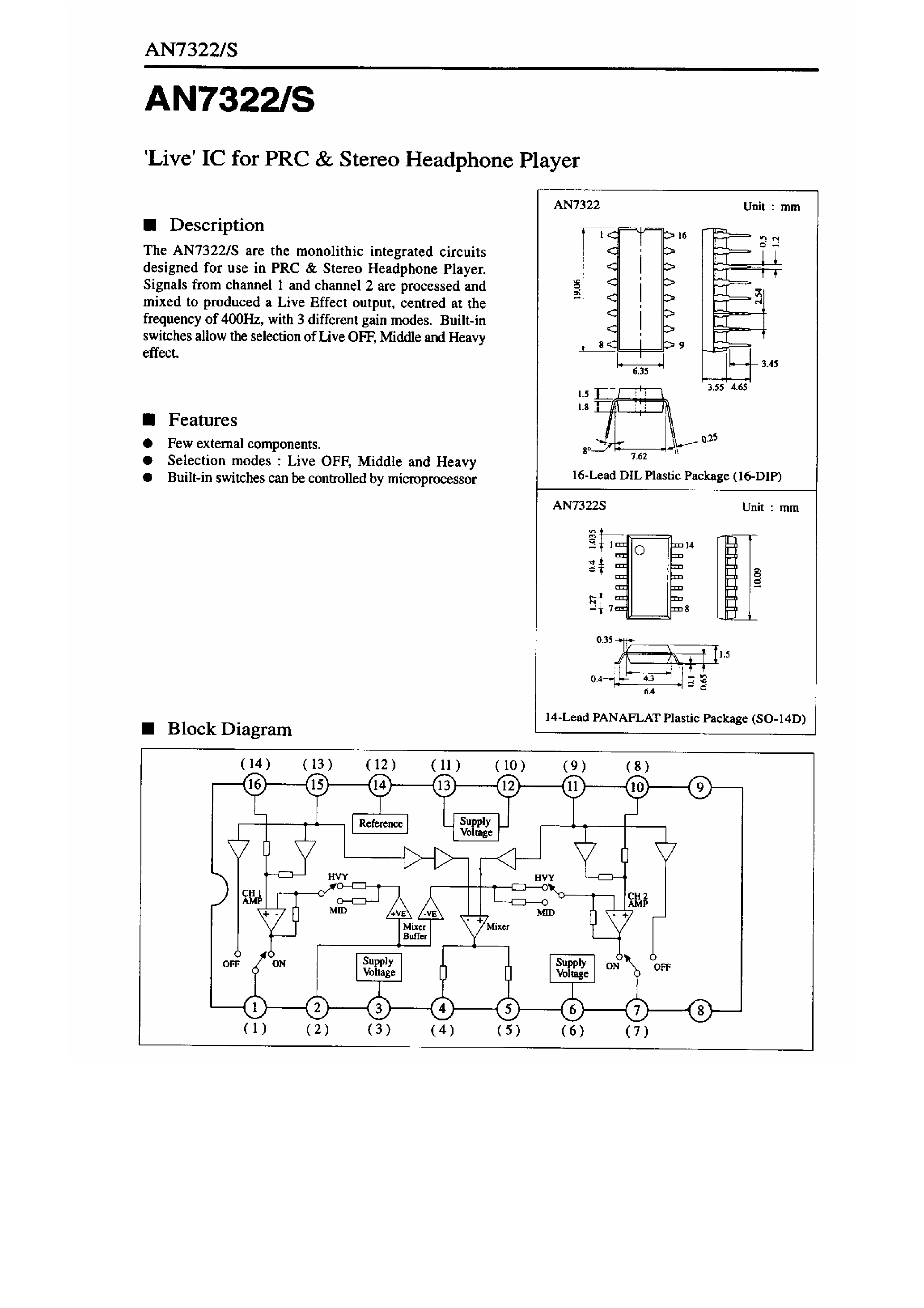 Даташит AN7322 - Live IC for PRC & Stereo Headphone Player страница 1