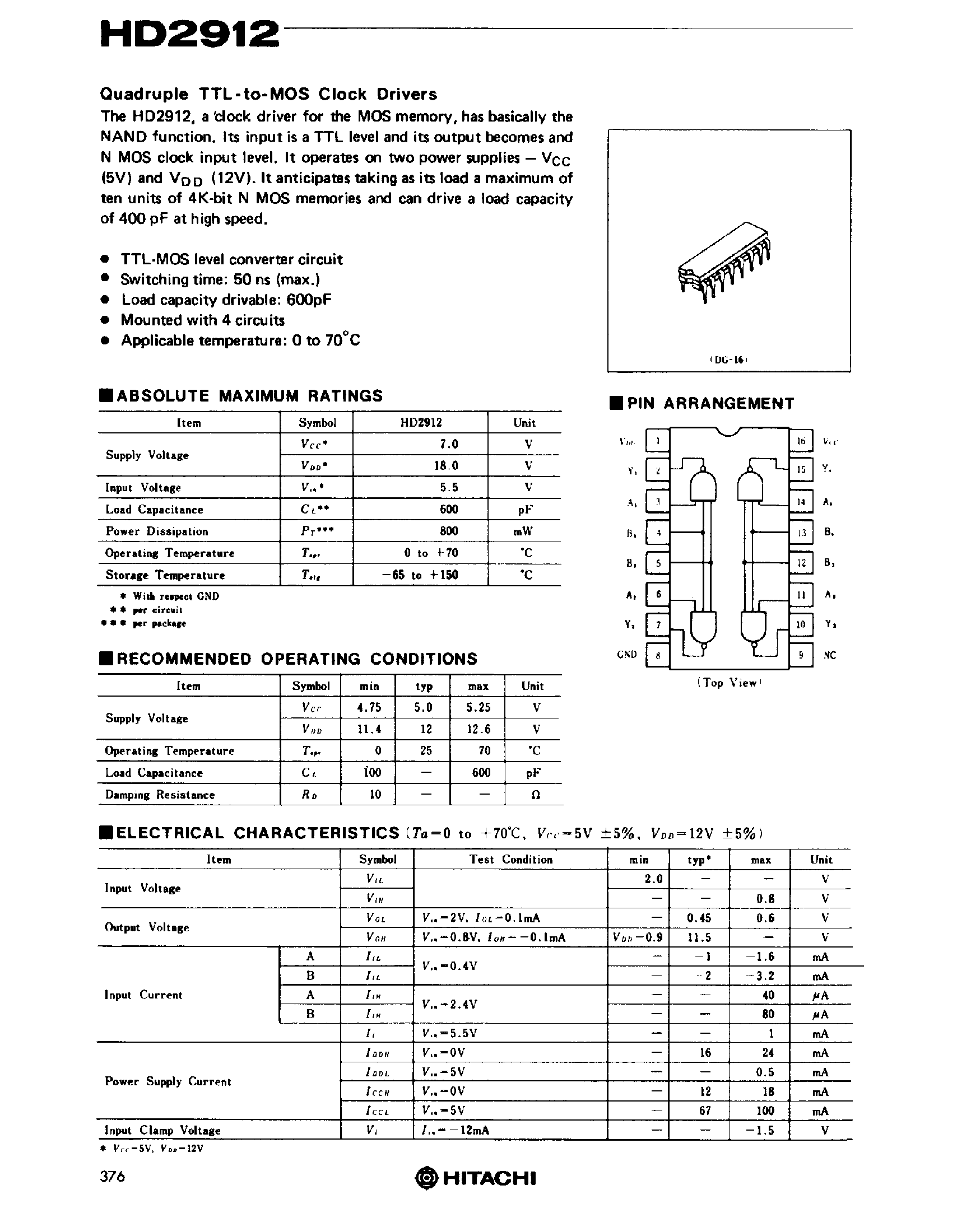 Datasheet HD2912 - Quadruple TTL-to-MOS Clock Drivers page 1