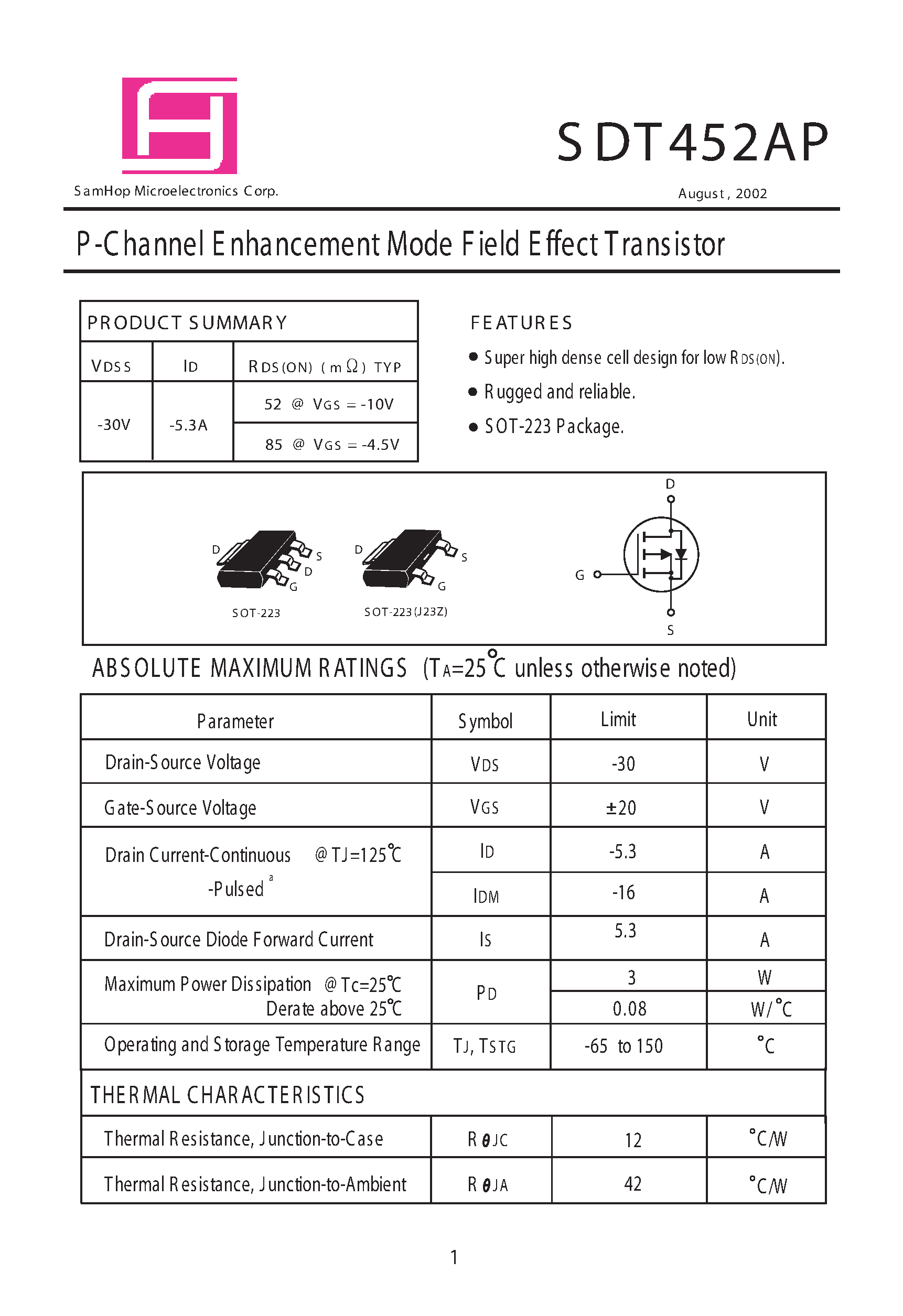 Даташит SDT452AP - P-Channel Enhancement Mode Field Effect Transistor страница 1