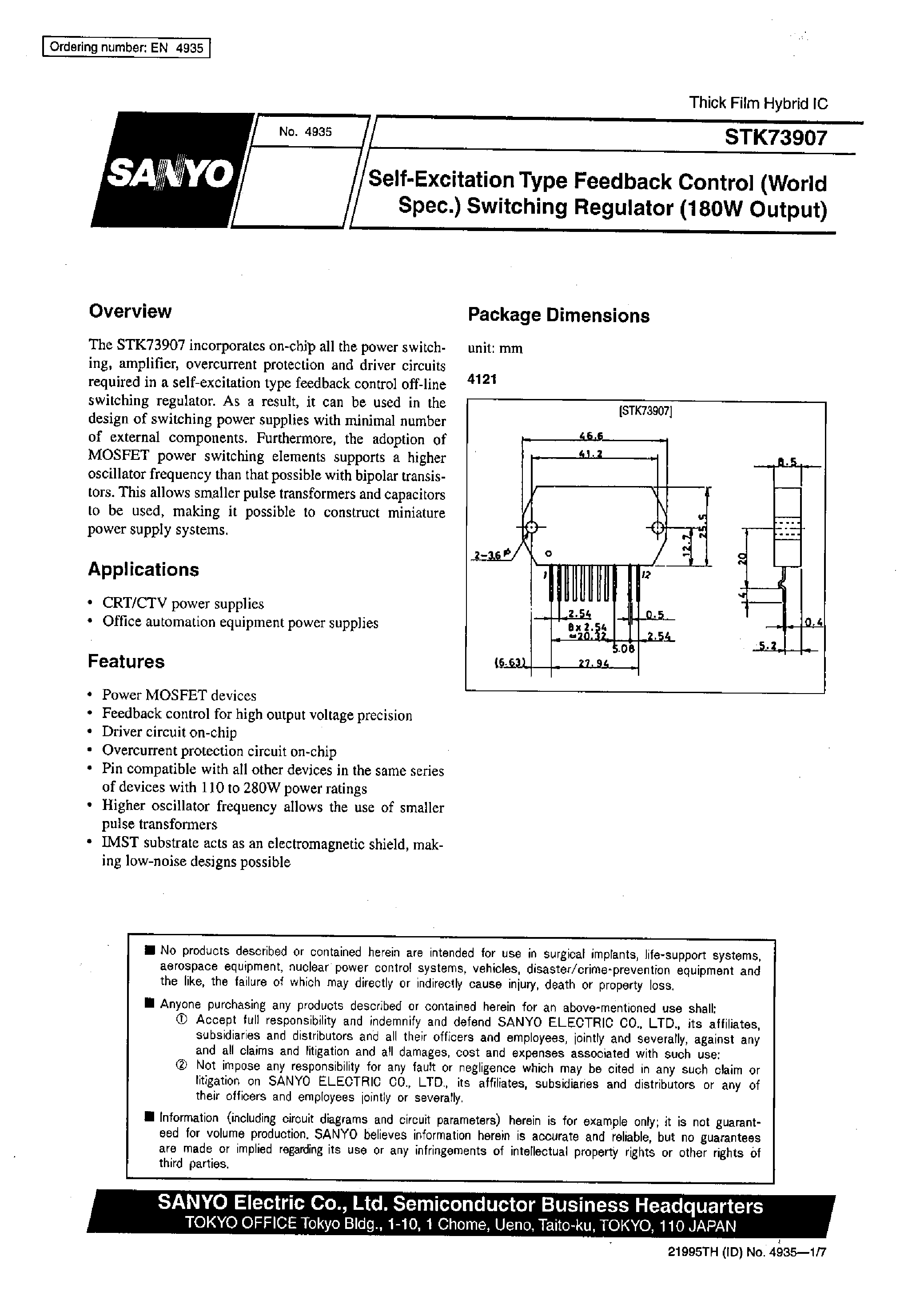 Datasheet STK73907 page 1 Datasheet STK73907 - Self-Excitation Type Feedback Control Switching Regulator page 1