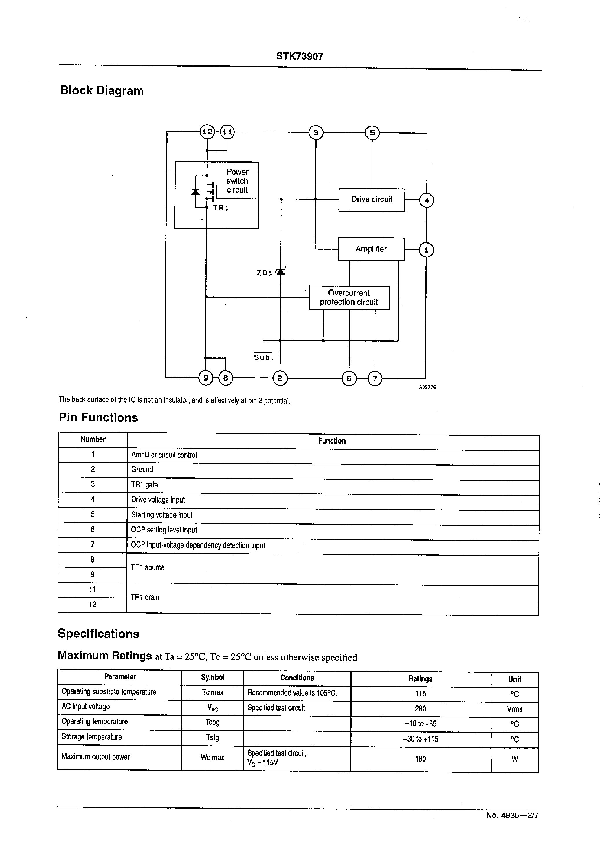 Datasheet STK73907 page 2 Datasheet STK73907 - Self-Excitation Type Feedback Control Switching Regulator page 2
