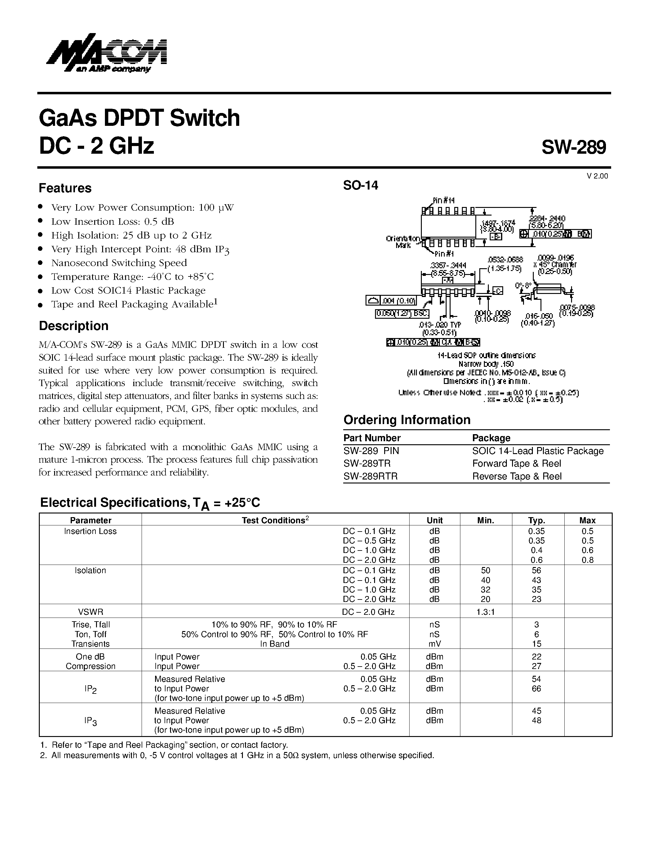 Datasheet SW-289 - GaAs DPDT Switch DC - 2 GHz page 1