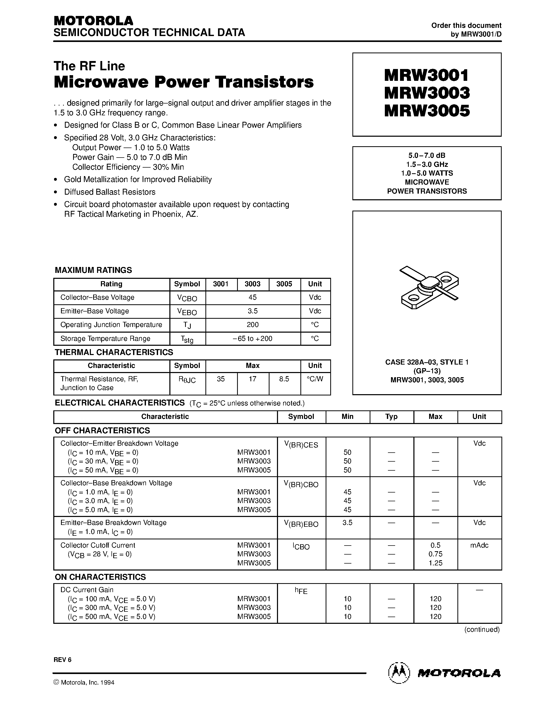 Datasheet MRW3005 - MICROWAVE POWER TRANSISTORS page 1