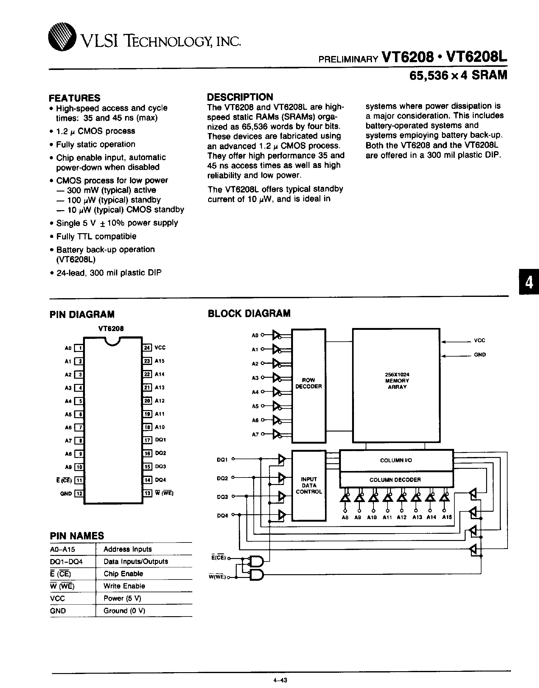 Даташит на микросхему VT6208 страница 1 Даташит VT6208 - 65536 x 4 SRAM страница 1