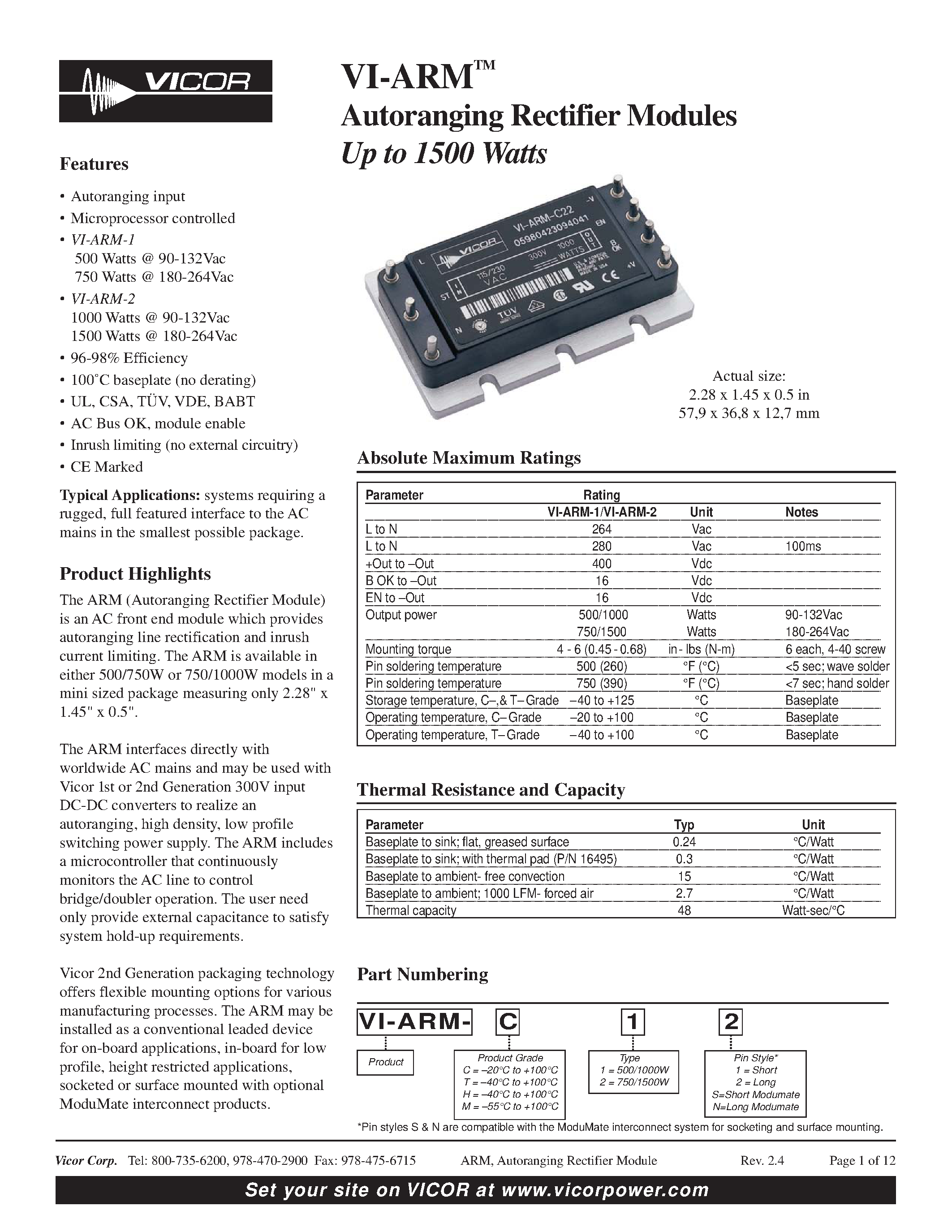 Datasheet VI-ARM-T22 - Autoranging Rectifier Modules Up to 1500 Watts page 1