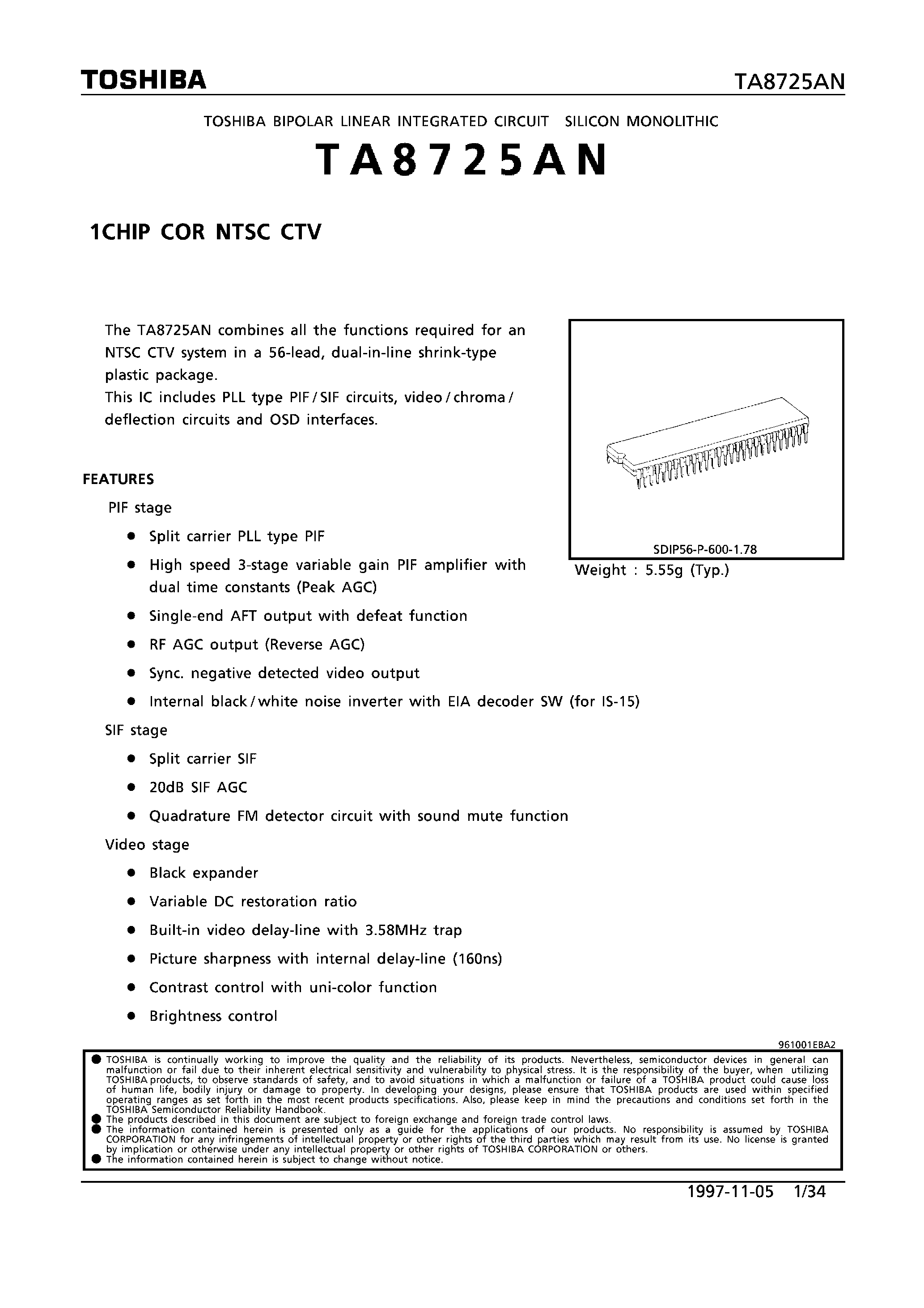 Datasheet TA8725AN - 1 chip cor NTSC page 1