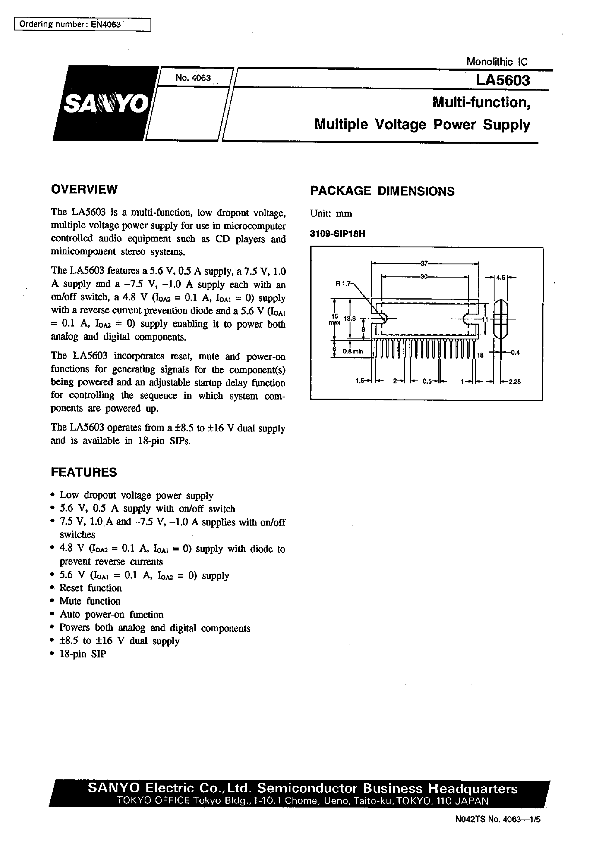 Datasheet LA5603 - Multi-function/ Multiple Voltage Power Supply page 1