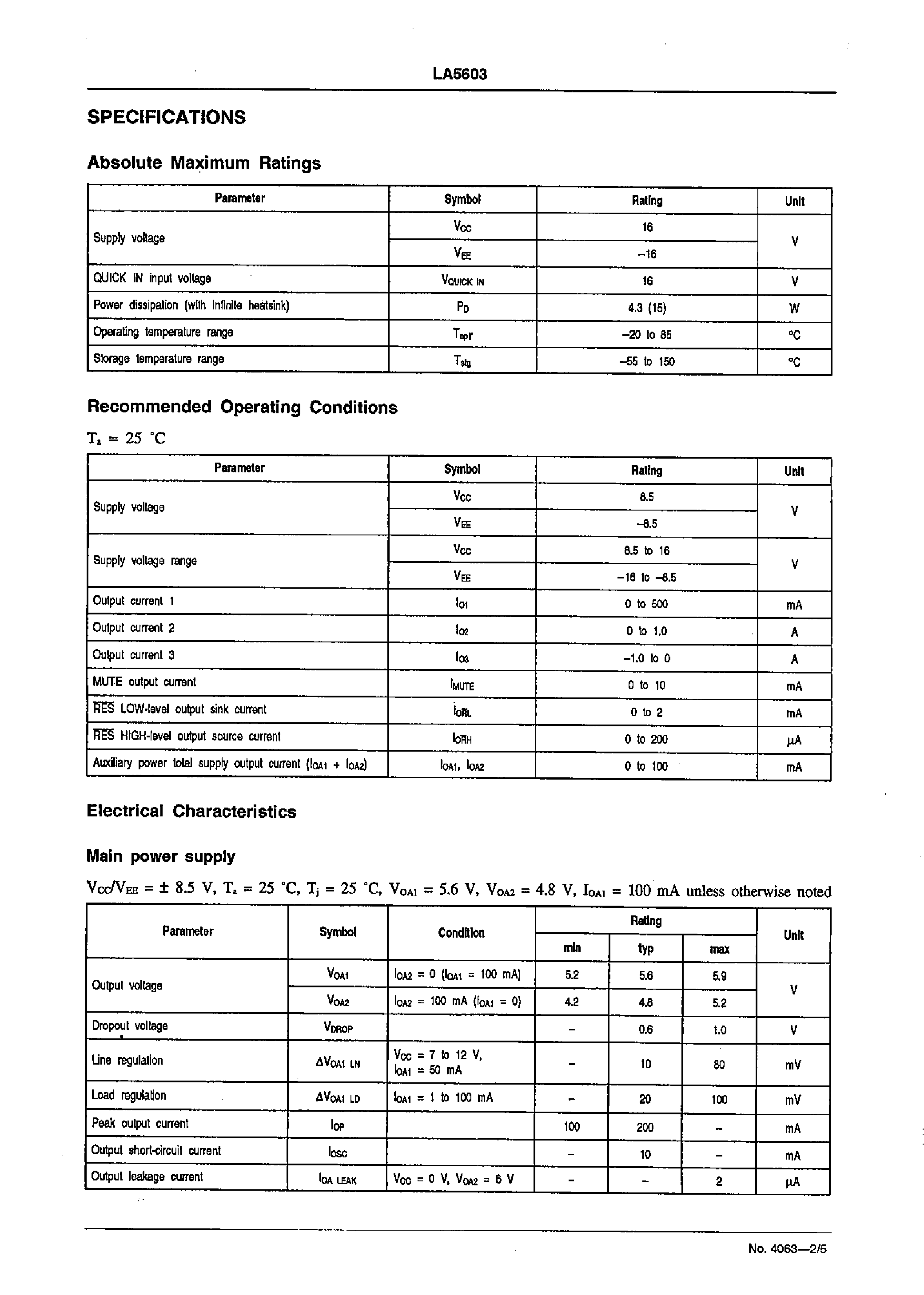 Datasheet LA5603 - Multi-function/ Multiple Voltage Power Supply page 2