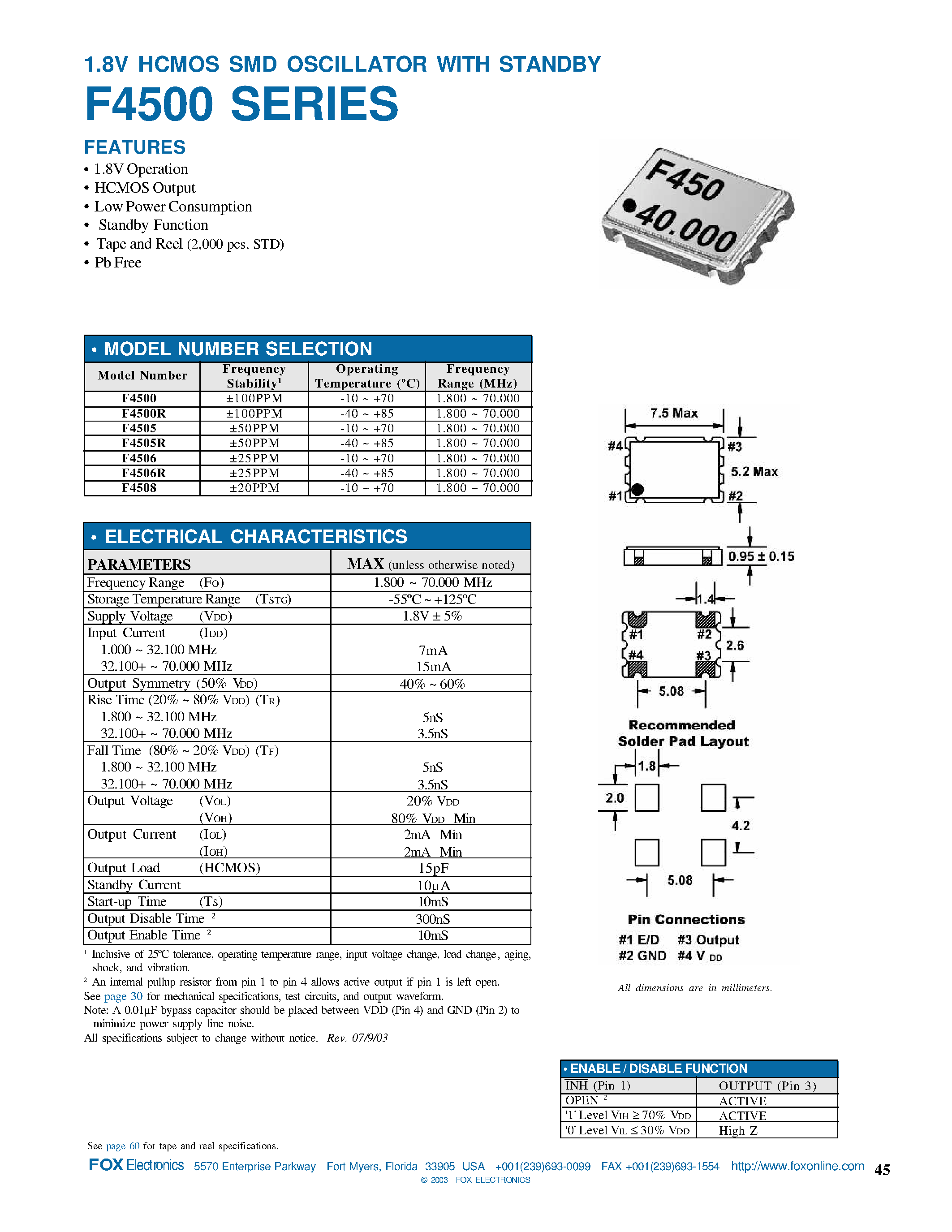 Datasheet F4500 - 1.8V HCMOS SMD Oscillator With StandBY page 1