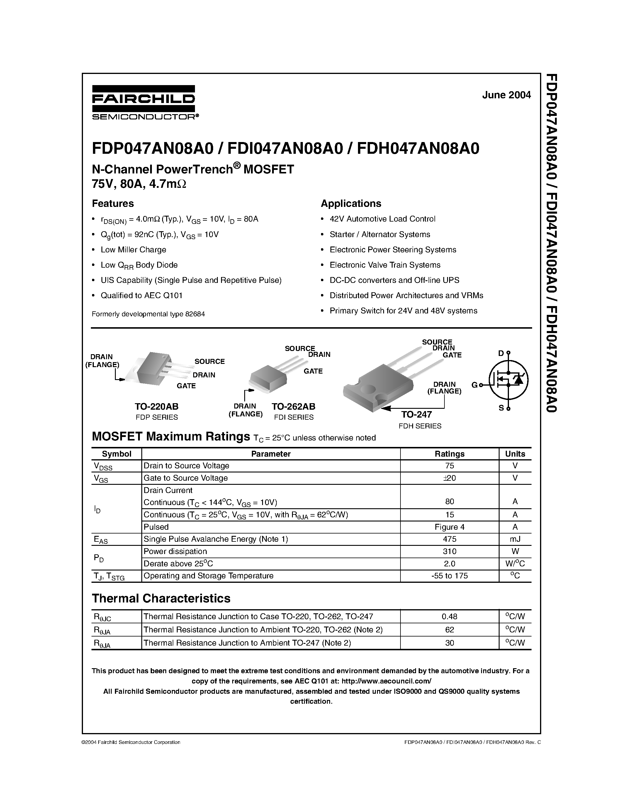 Datasheet FDI047AN08A0 - N-Channel PowerTrench MOSFET 75V/ 80A/ 4.7m page 1