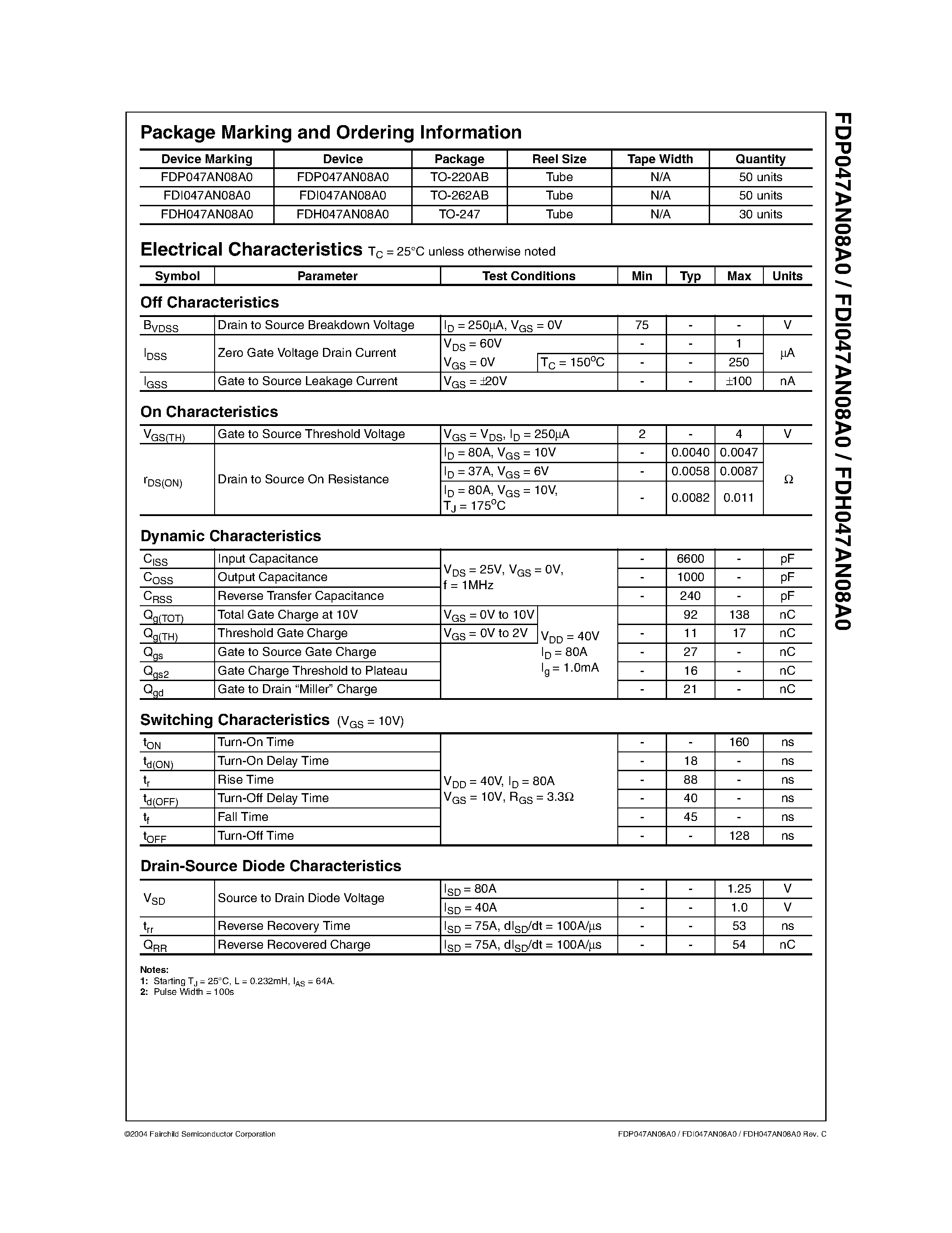 Datasheet FDI047AN08A0 - N-Channel PowerTrench MOSFET 75V/ 80A/ 4.7m page 2