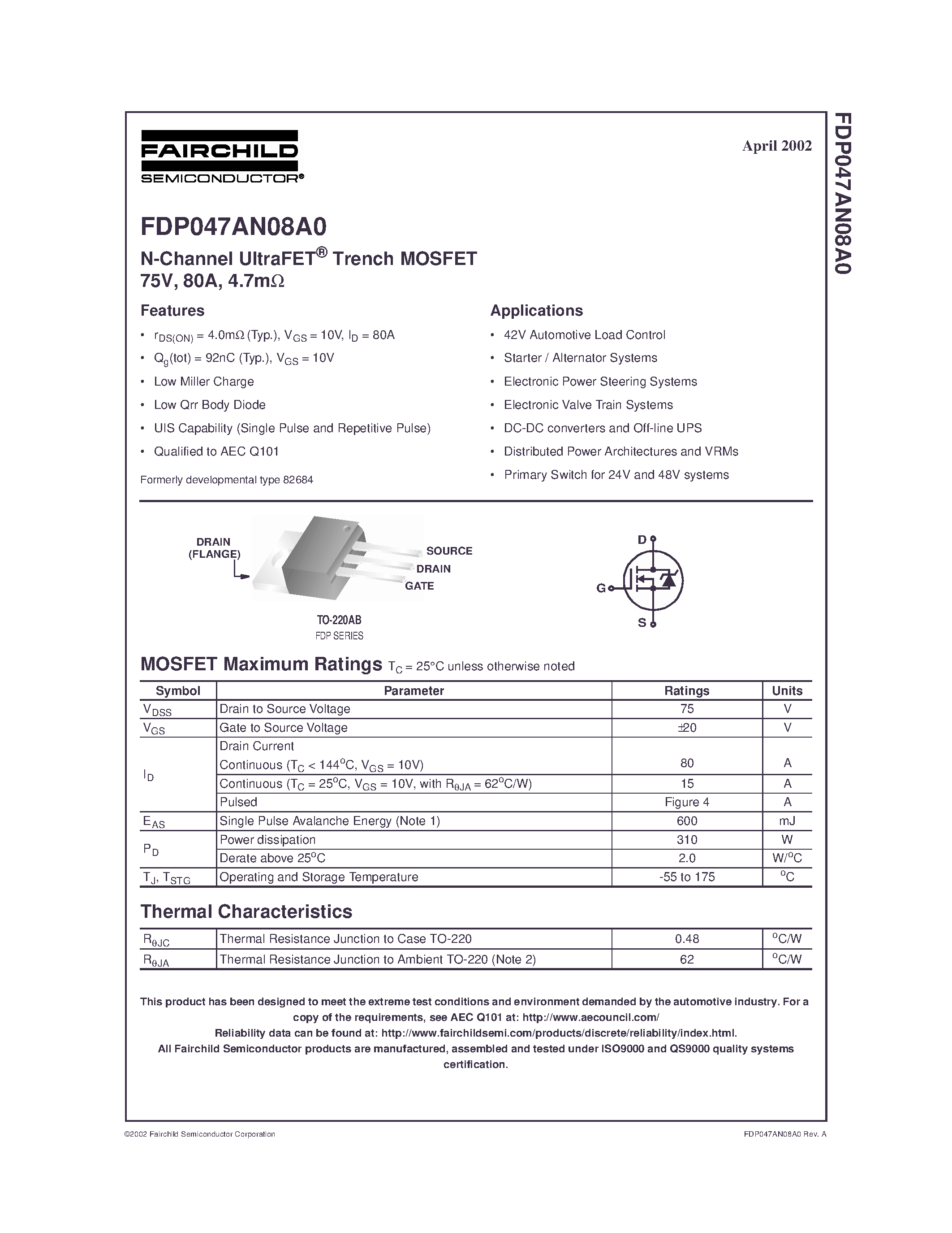 Datasheet FDP047AN08A0 - N-Channel UltraFET Trench MOSFET 75V/ 80A/ 4.7m page 1