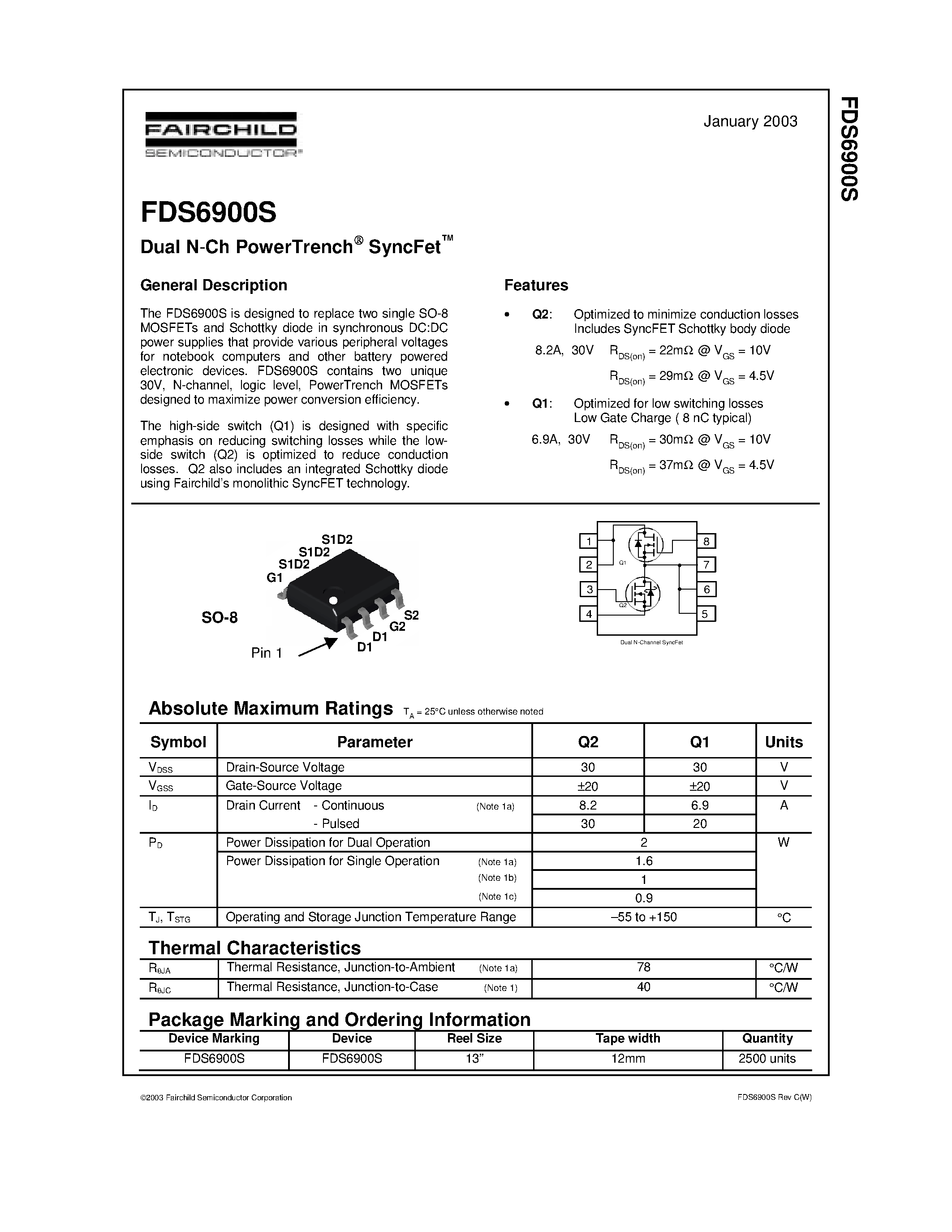 Datasheet FDS6900S page 1 Datasheet FDS6900S - Dual N-Ch PowerTrench SyncFet page 1