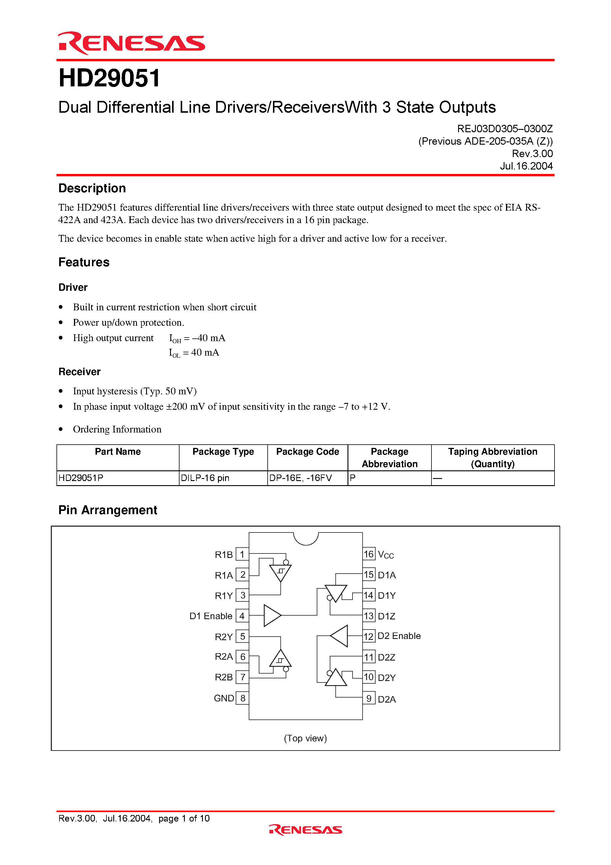 Даташит HD29051P - Dual Differential Line Drivers/ReceiversWith 3 State Outputs страница 1