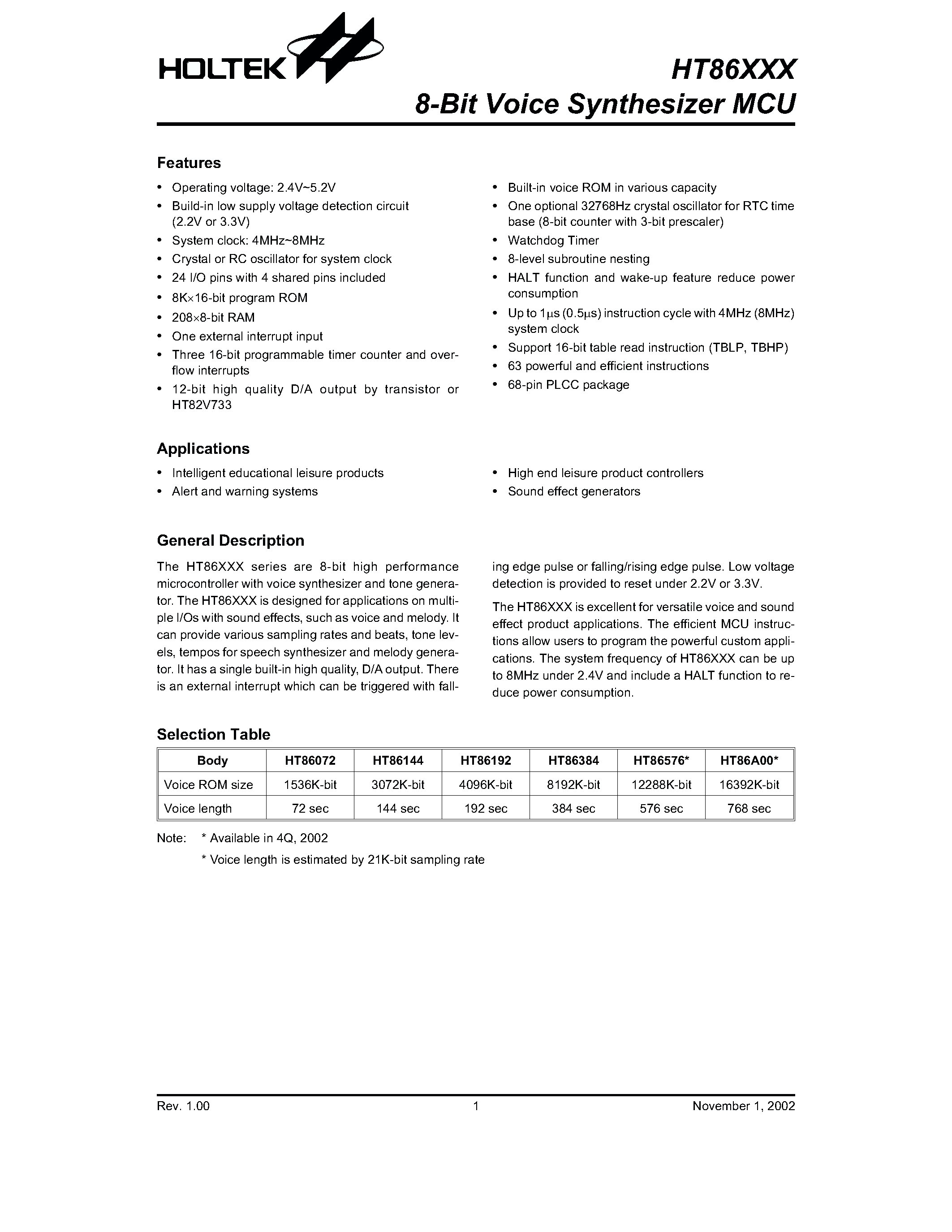 Datasheet HT86XXX - 8-Bit Voice Synthesizer MCU page 1